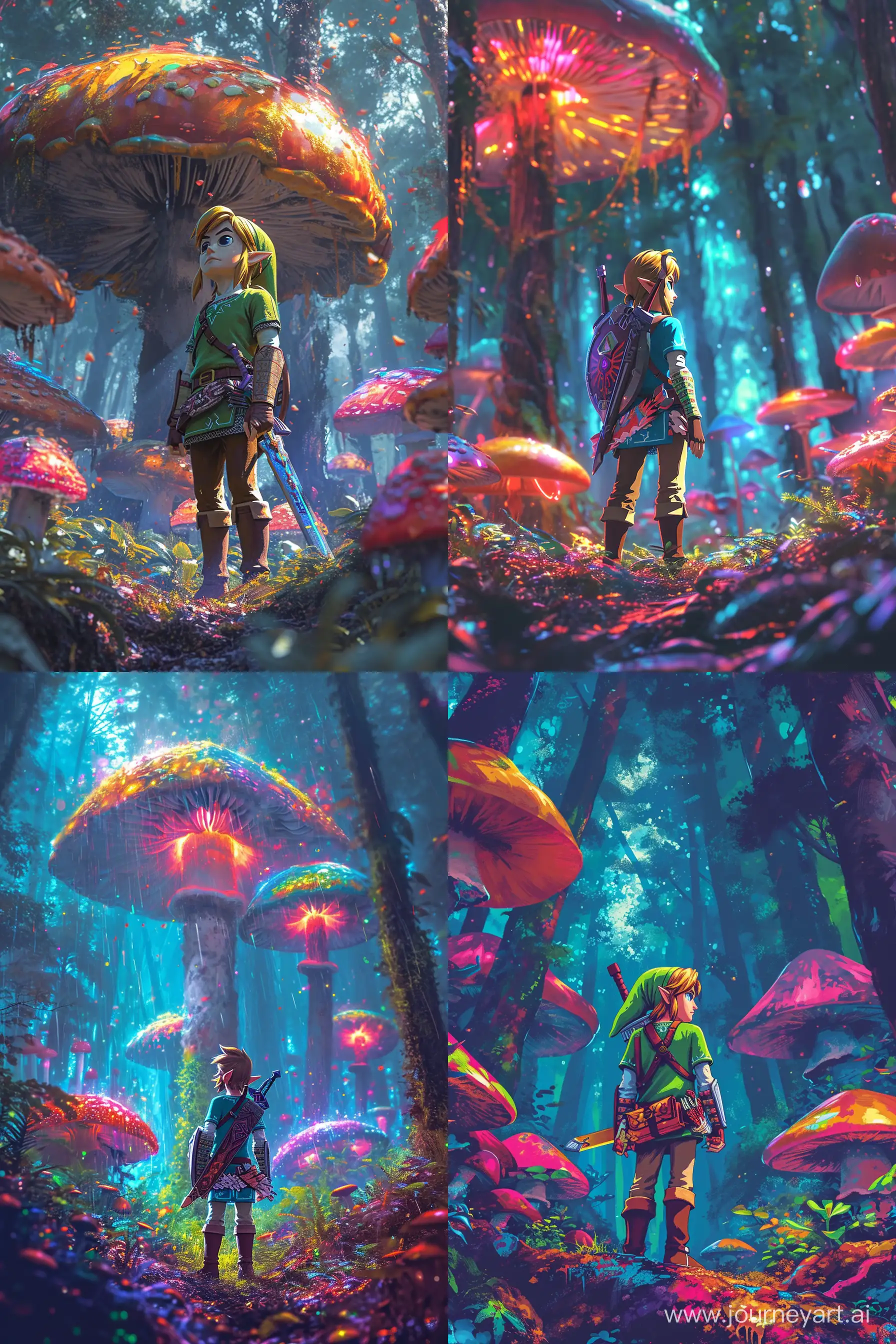 legend of Zelda character named Link standing in the forest, Rick and Morty multiple color mushroom forest background, rainbow color, close up, neon light, clean and transparent, strong vibrant color, contract dark blue tone   --v 6 --s 300 --ar 30:45 --c 0 --q 1