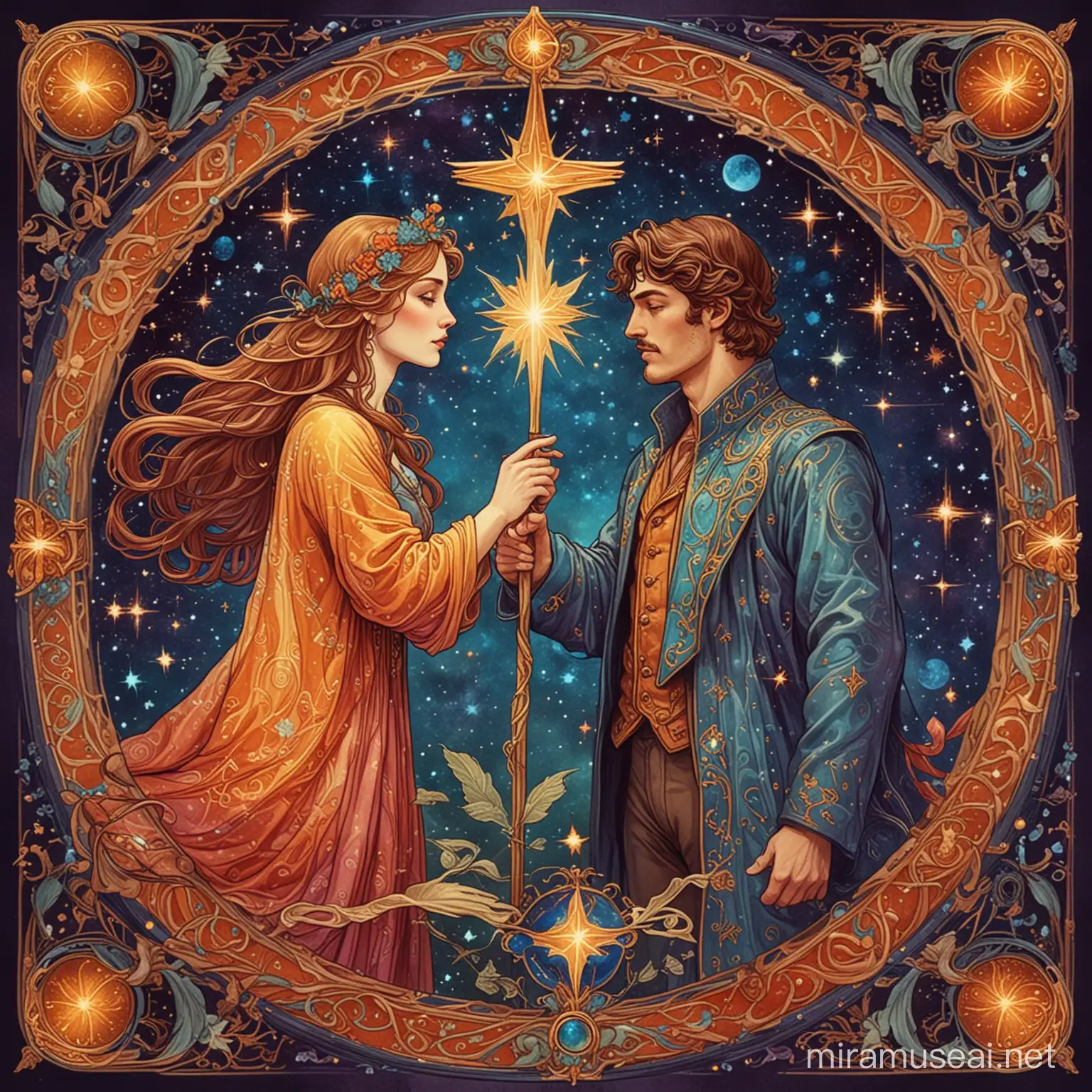 art nouveau style, ancient prophesy of star crossed man couple, enemies to lovers, mystical worlds, colorful