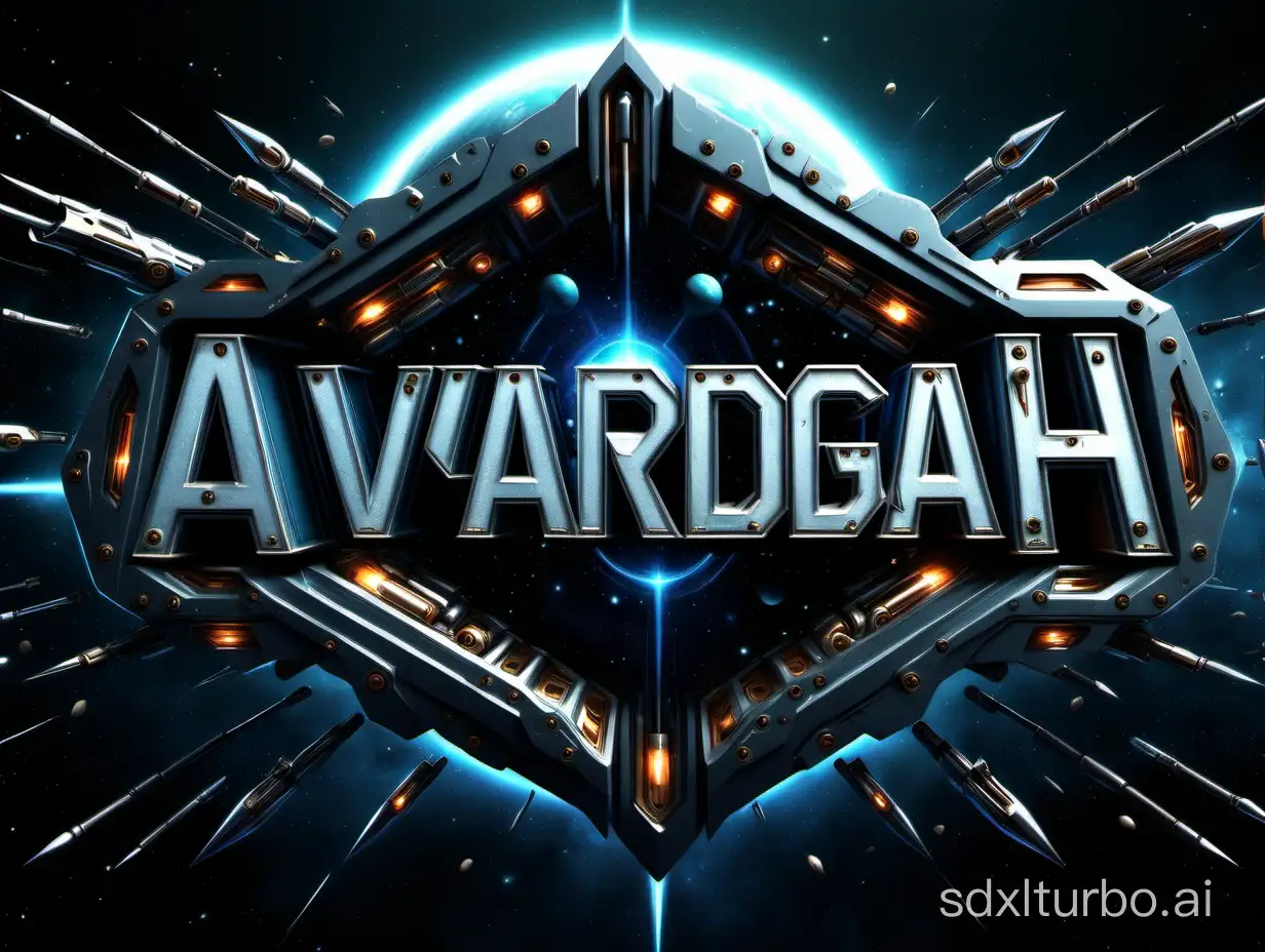 create text logo from "Avardgah" inside a scifi frame with sharp edges and bullets decoration, front view