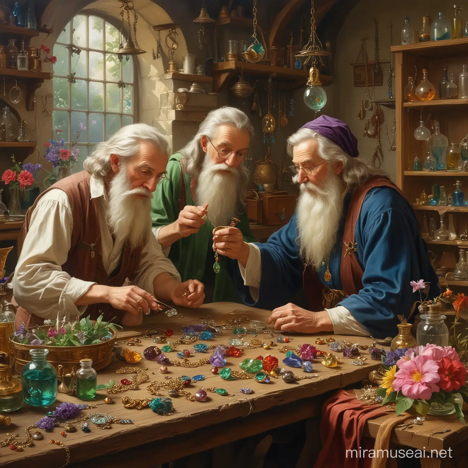 create a oil painting of wizards  and alchemists making magical jewelry and floral jewelery, 1940 art