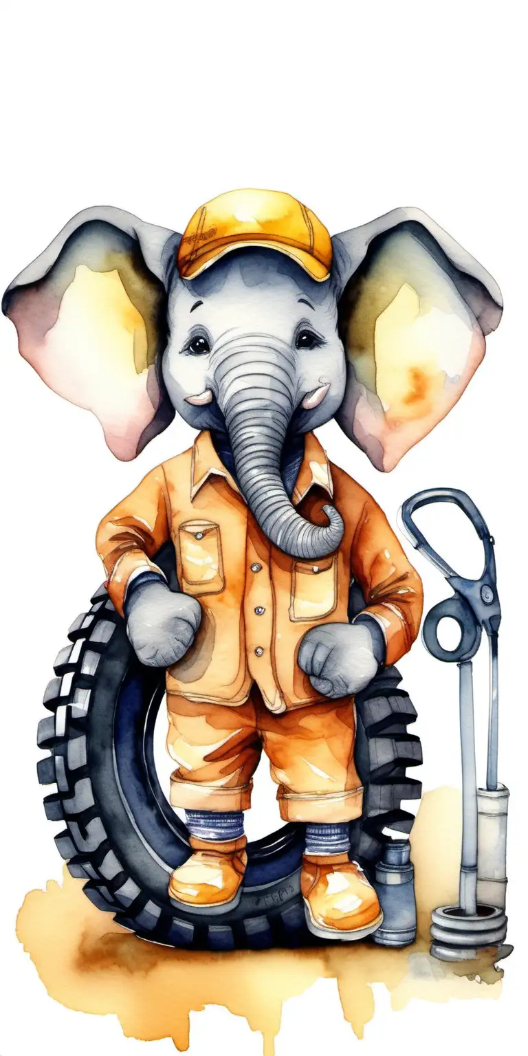 cute elephant dressed as a mechanic, with tyres in the background, watercolour