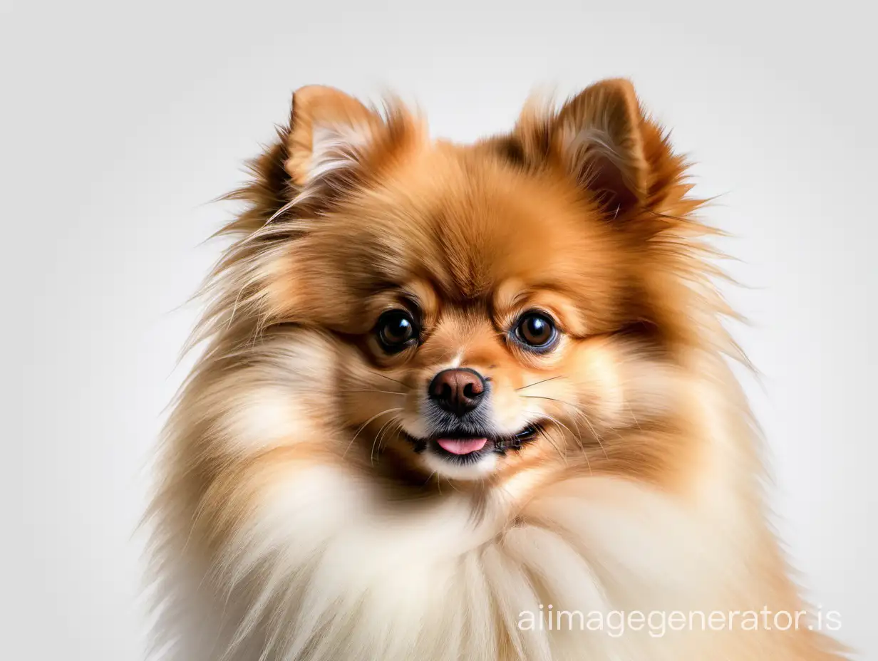 /Realistic image of the Pomeranian Lulu captured in close-up, with a white background.