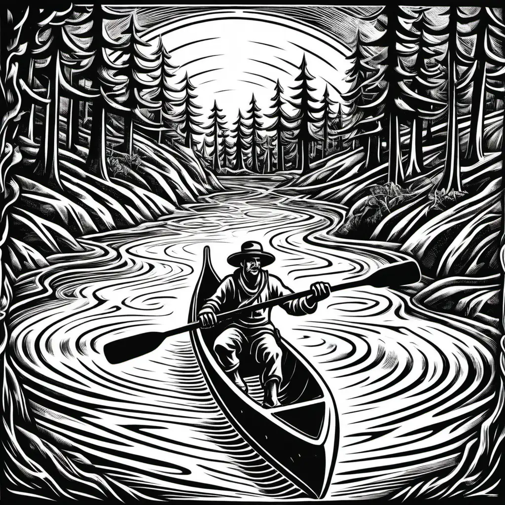 a black and white 
woodcut of an explorer in a canoe