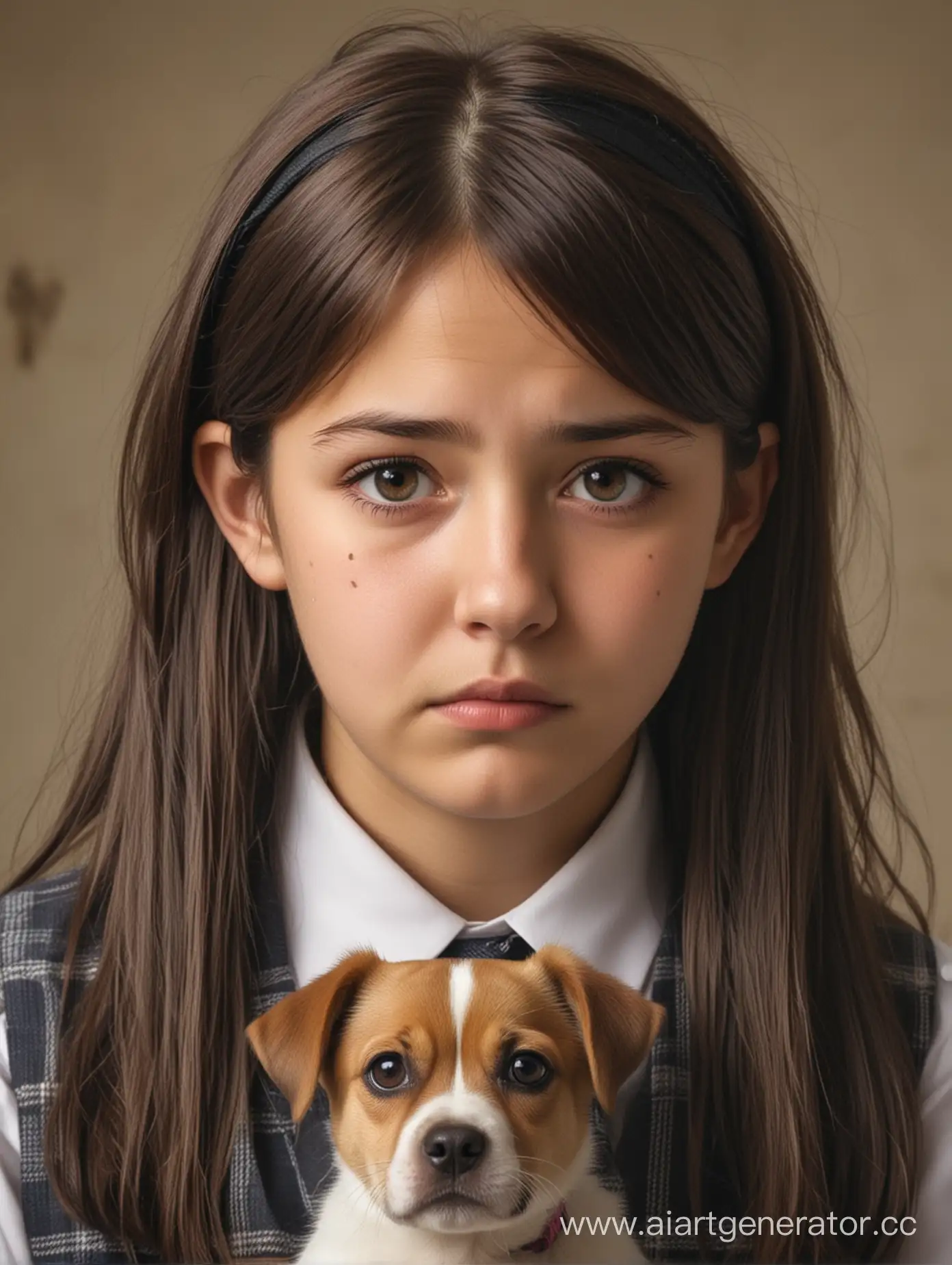 Сгенерируй картинку собака с очень грустным взглядом смотрит на школьницу, а школьница на собаку