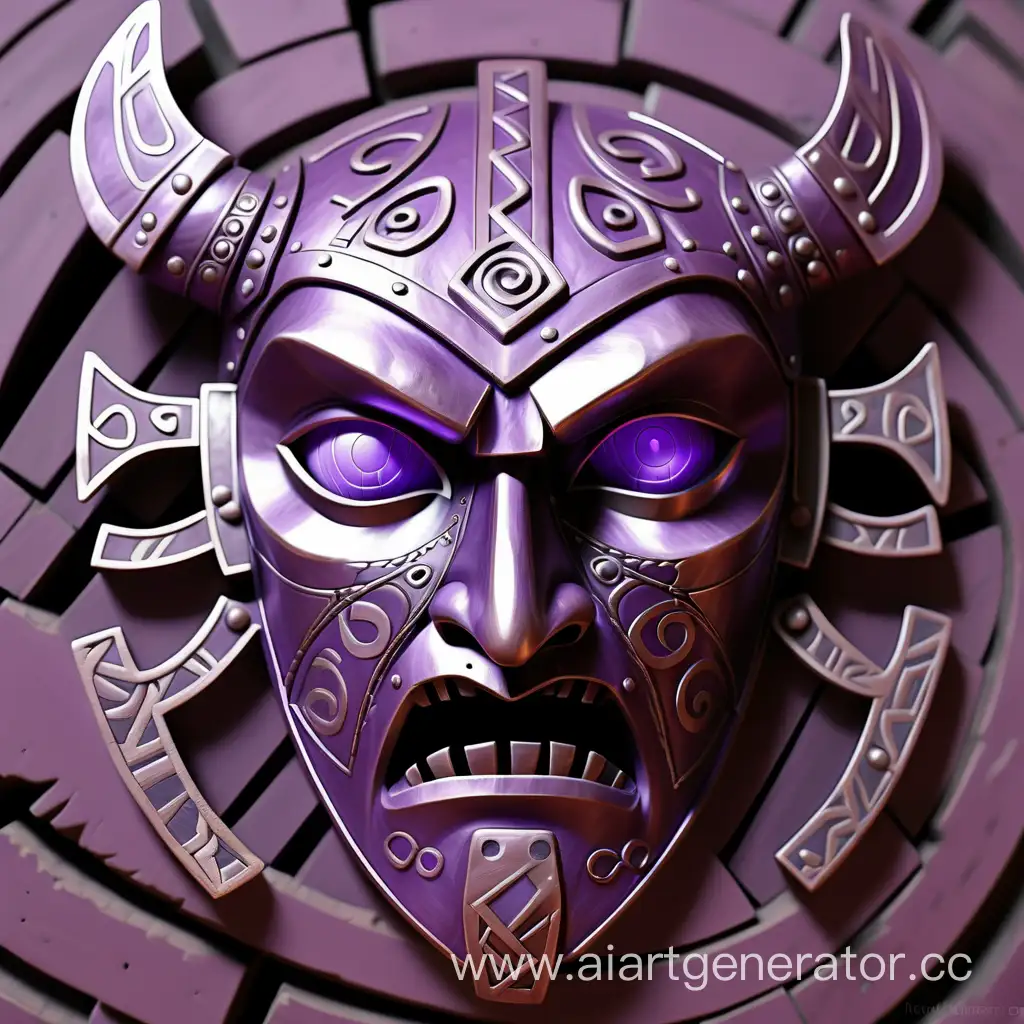 древняя маска мужчины из металла, магическая, руны, фиолетовая 