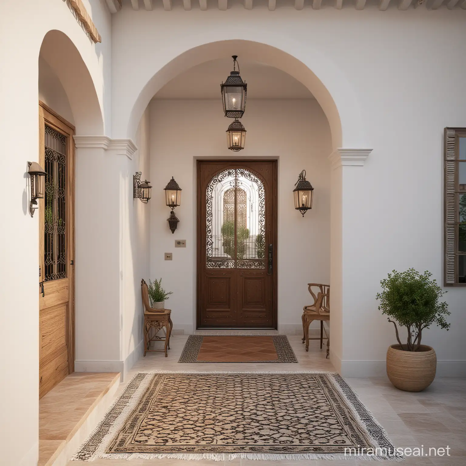 generate visualisation  of entrance to andalusian  house in modern interior style with traditional accents