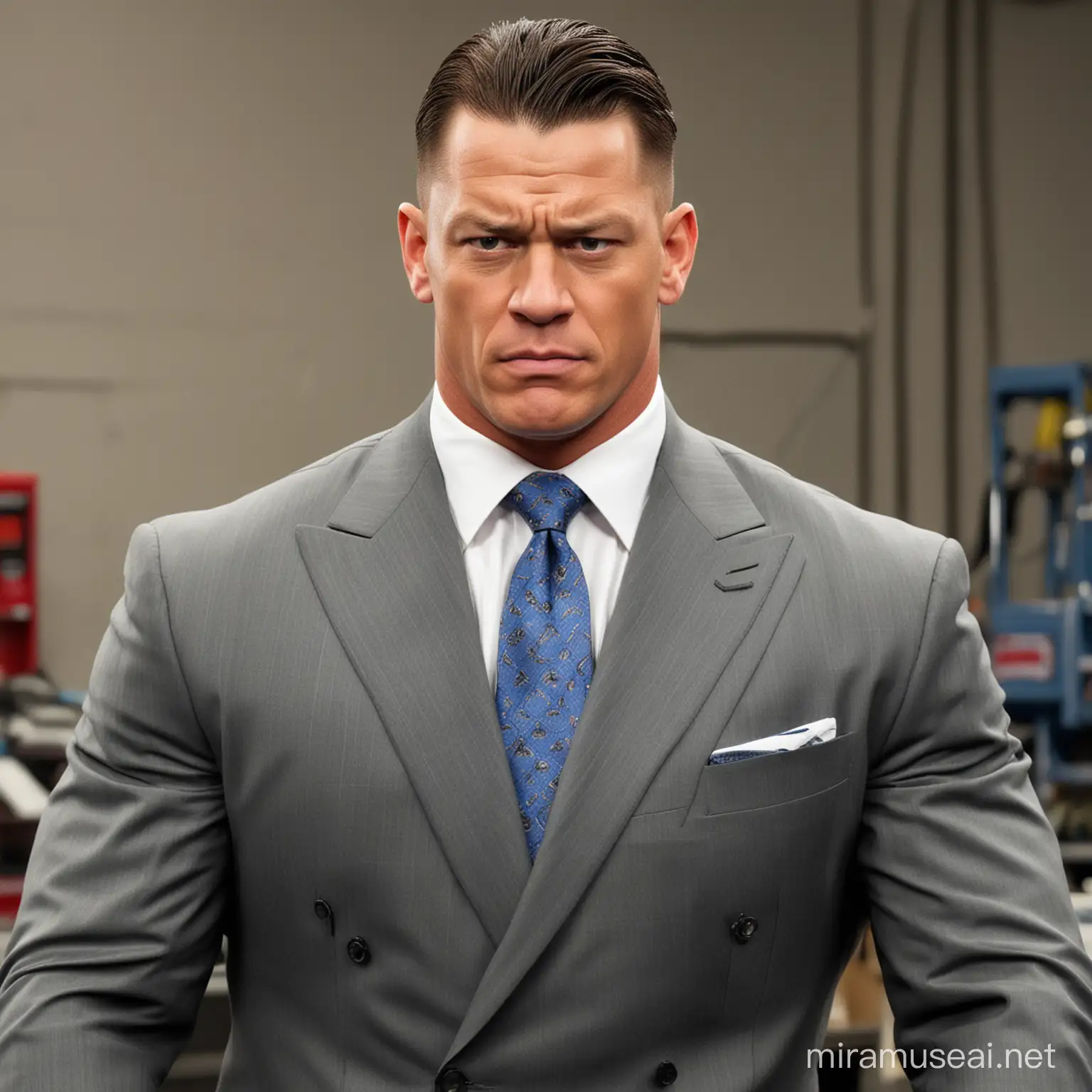 angry john cena, as an HVAC shop owner, in a suit