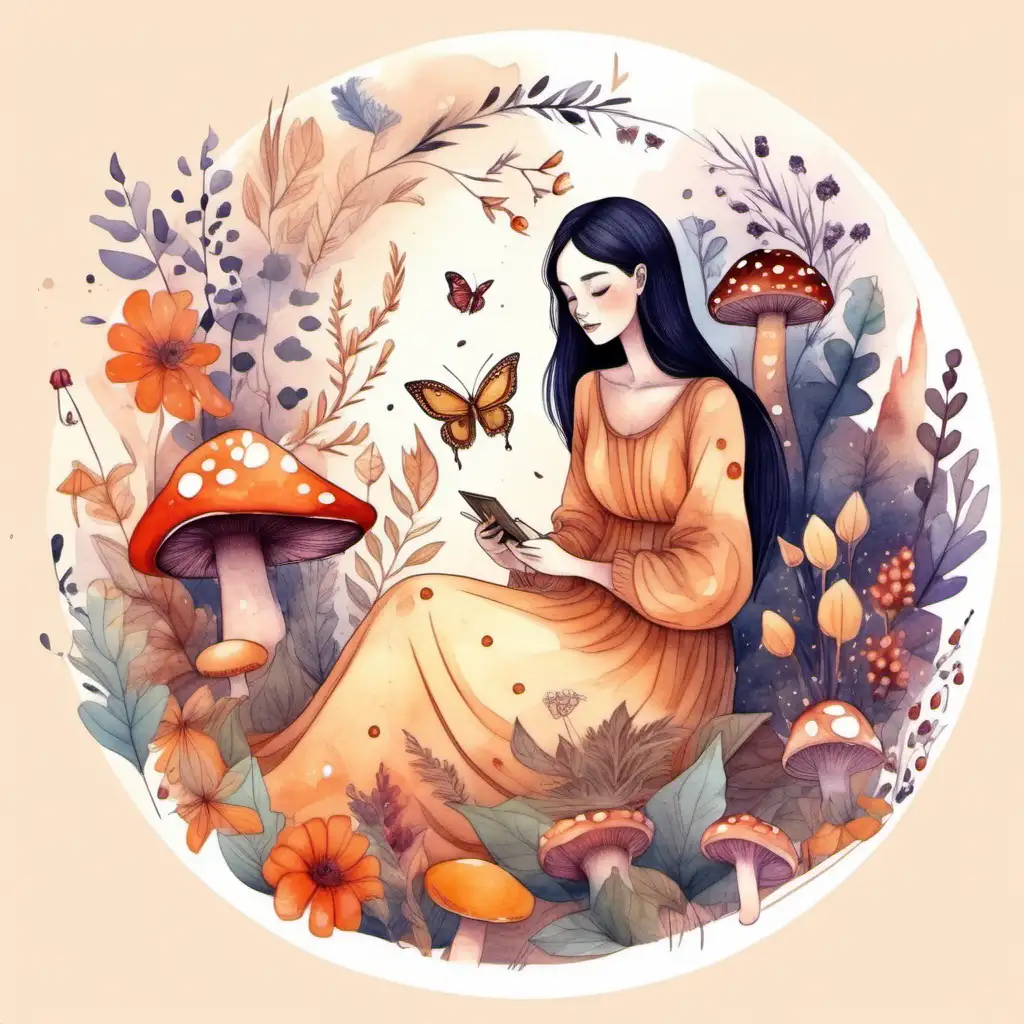 Enchanting Circle Girl Artist Surrounded by Nature and Magic on Watercolor Paper