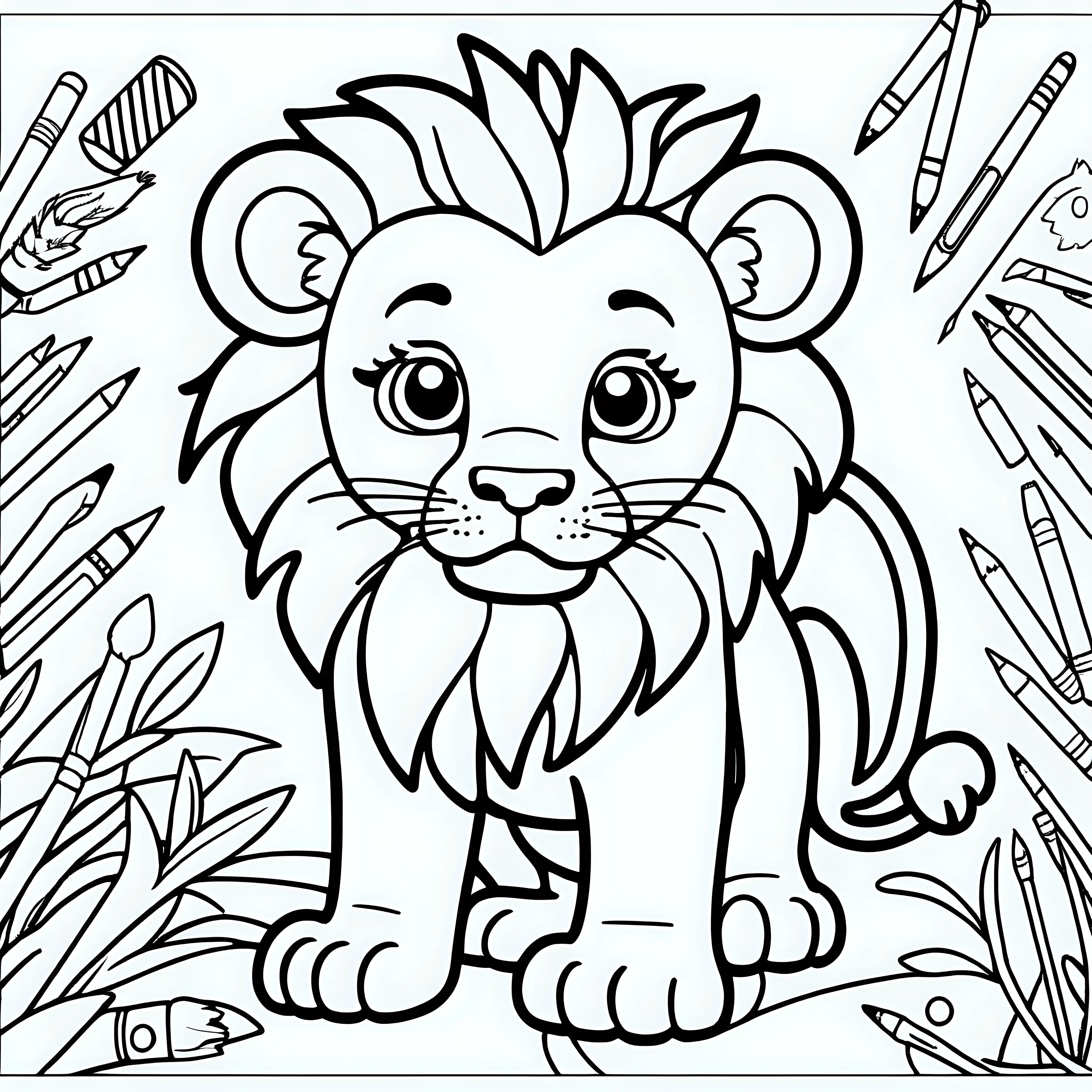 kids colouring page, low detail, no shading, thick lines, cute lion, cartoon style, no background,