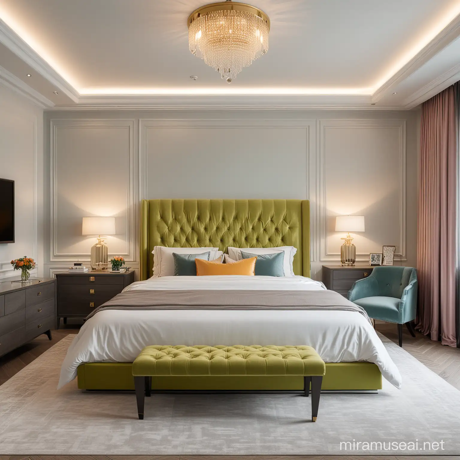 Modern neoclassical style master bedroom for young couple with some vibrant colour combination 