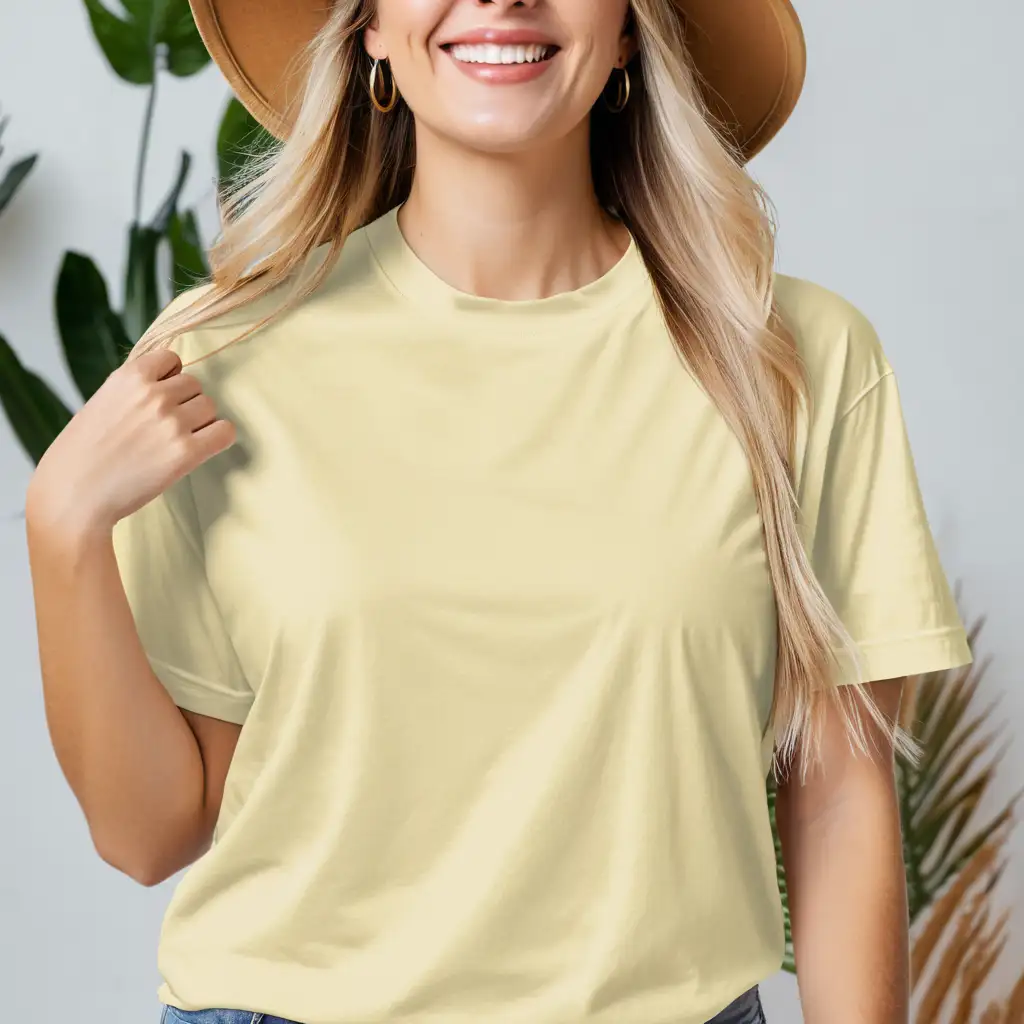 realistic blonde woman wearing comfort colors  butter oversized t-shirt mockup, clear double stiches on t-shirt neckline