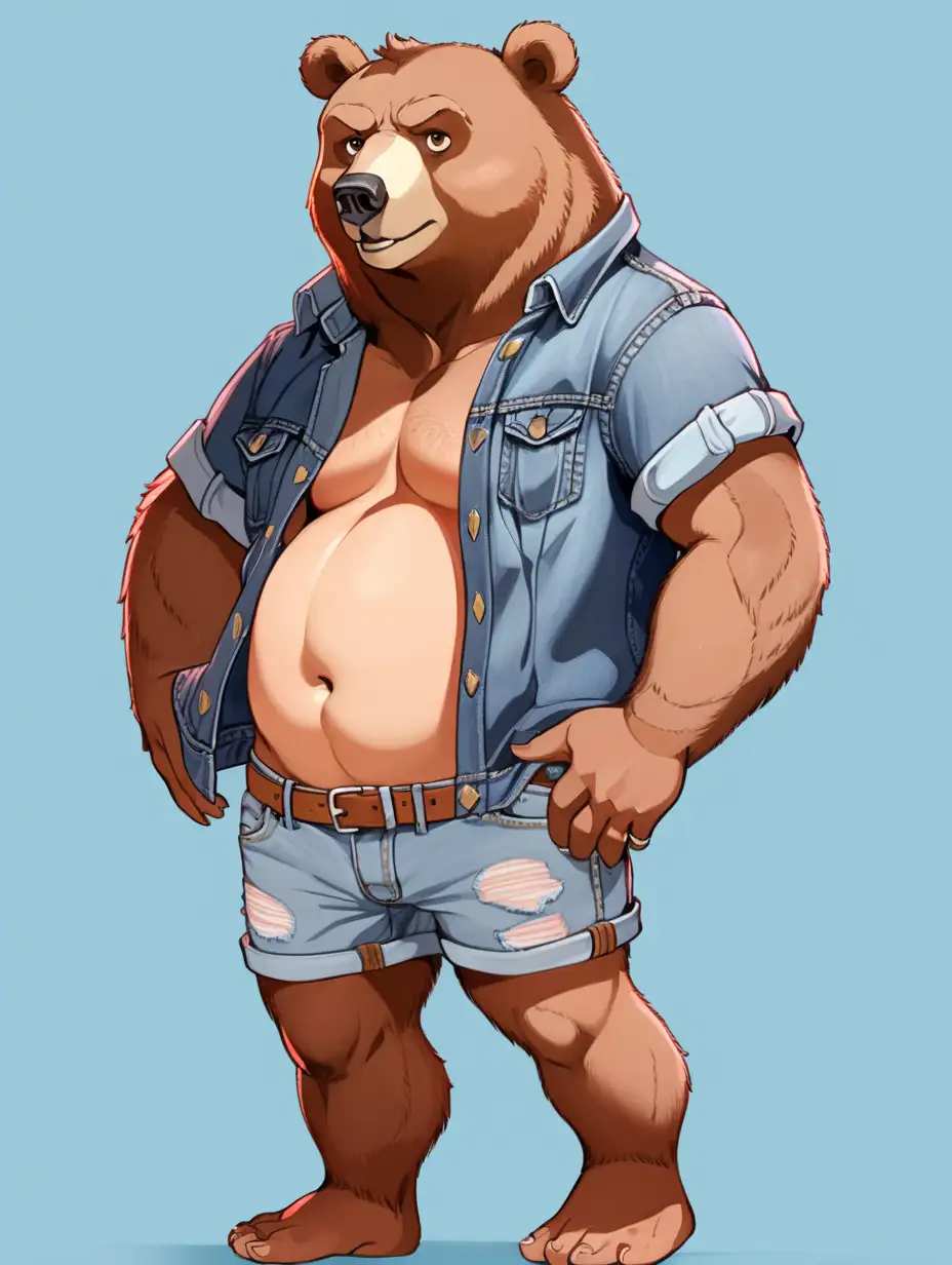 a bear as a mid twenties human with a slight belly and wearing jean shorts, full body