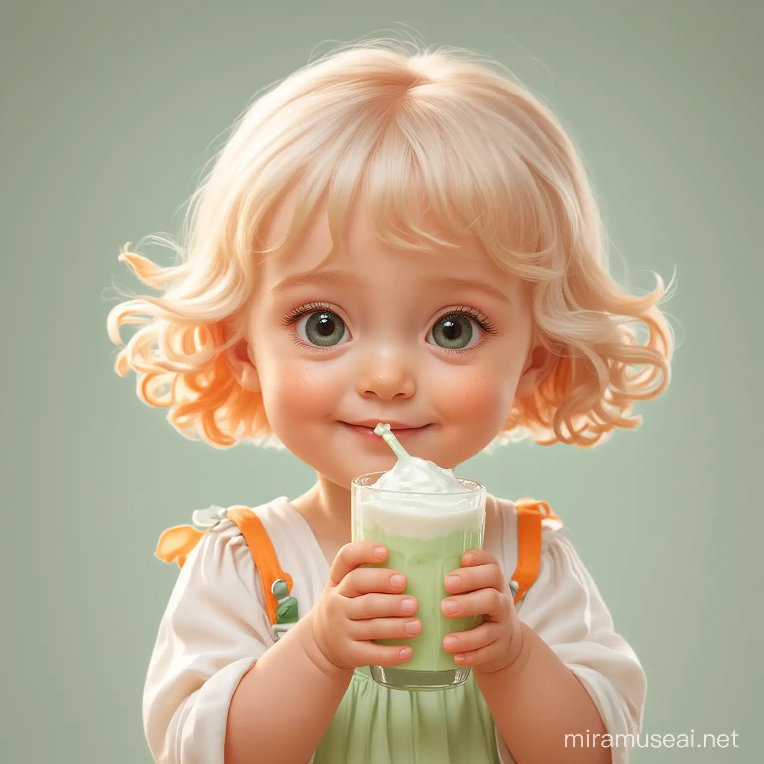 Маленький ребёнок держит в руках кефир. Мультипликационный стиль Disney. Пастельные цвета: оранжевый, зелёный, белый.