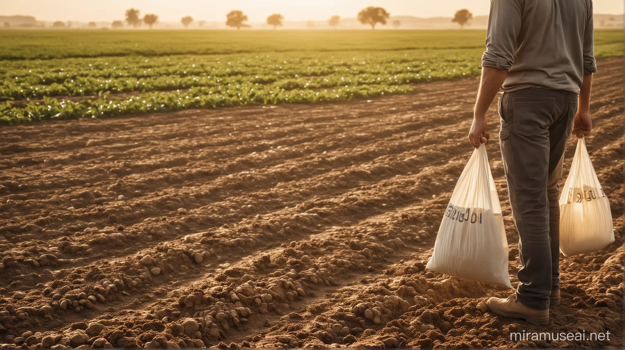 Create an image that depicts a vibrant, healthy farm landscape transitioning from a dry, barren land to a lush, green field full of life. In the foreground, a farmer holds a bag labeled 'Edisol,' sprinkling the soil enhancer onto the ground. The scene captures the essence of rejuvenation and prosperity, with visible signs of healthy soil, strong plants, and abundant crops. The atmosphere is one of hope and renewal, symbolizing the transition towards sustainable and productive agriculture inspired by ancient Vedic techniques. Include visual cues such as a clear distinction between the treated and untreated parts of the field, highlighting the dramatic improvement brought by Edisol. The time of day is sunrise, casting a warm, golden light over the scene, emphasizing a new dawn in farming practices.