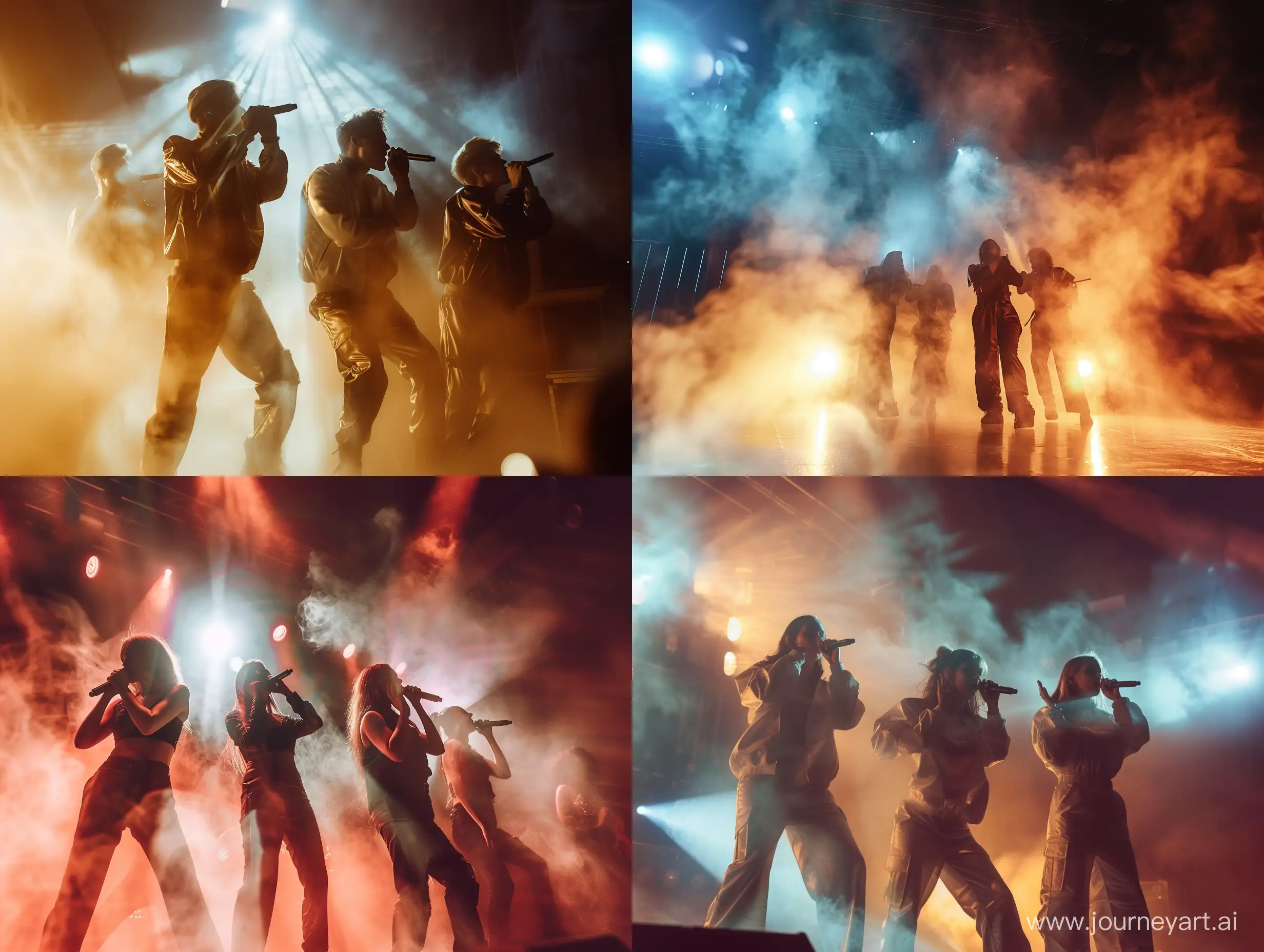 Певицы российской музыкальной группы "Серебро" на сцене, свет, дым, фотореализм, детали