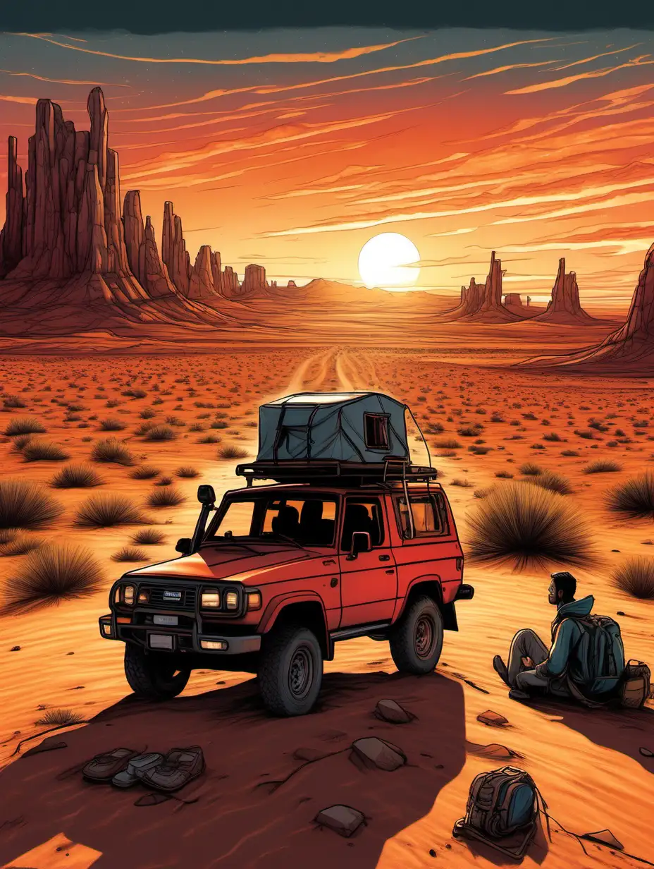 painting of an awe-inspiring 4x4 nomadic scene in a wide-format image that encapsulates the modern digital nomad lifestyle. In the foreground, picture a rugged, off-road 4x4 vehicle, equipped for adventure and exploration, parked on a vast, remote desert plain. The vehicle's rear doors are open, revealing a compact yet well-organized workspace inside with a laptop, maps, and adventure gear.

Nearby, a group of digital nomads sits in a circle on camping chairs, sharing stories and laughter. Beyond them, the vast desert stretches out to the horizon, with rolling sand dunes and a clear, endless sky. The sun is setting in a fiery blaze of red and orange, casting a warm, dramatic light over the scene.

In the distance, you can spot a campfire with flames dancing in the evening air, and a telescope set up for stargazing. The entire composition radiates a sense of boundless freedom, self-discovery, and the excitement of the open road, capturing the true spirit of the modern 4x4 nomadic lifestyle