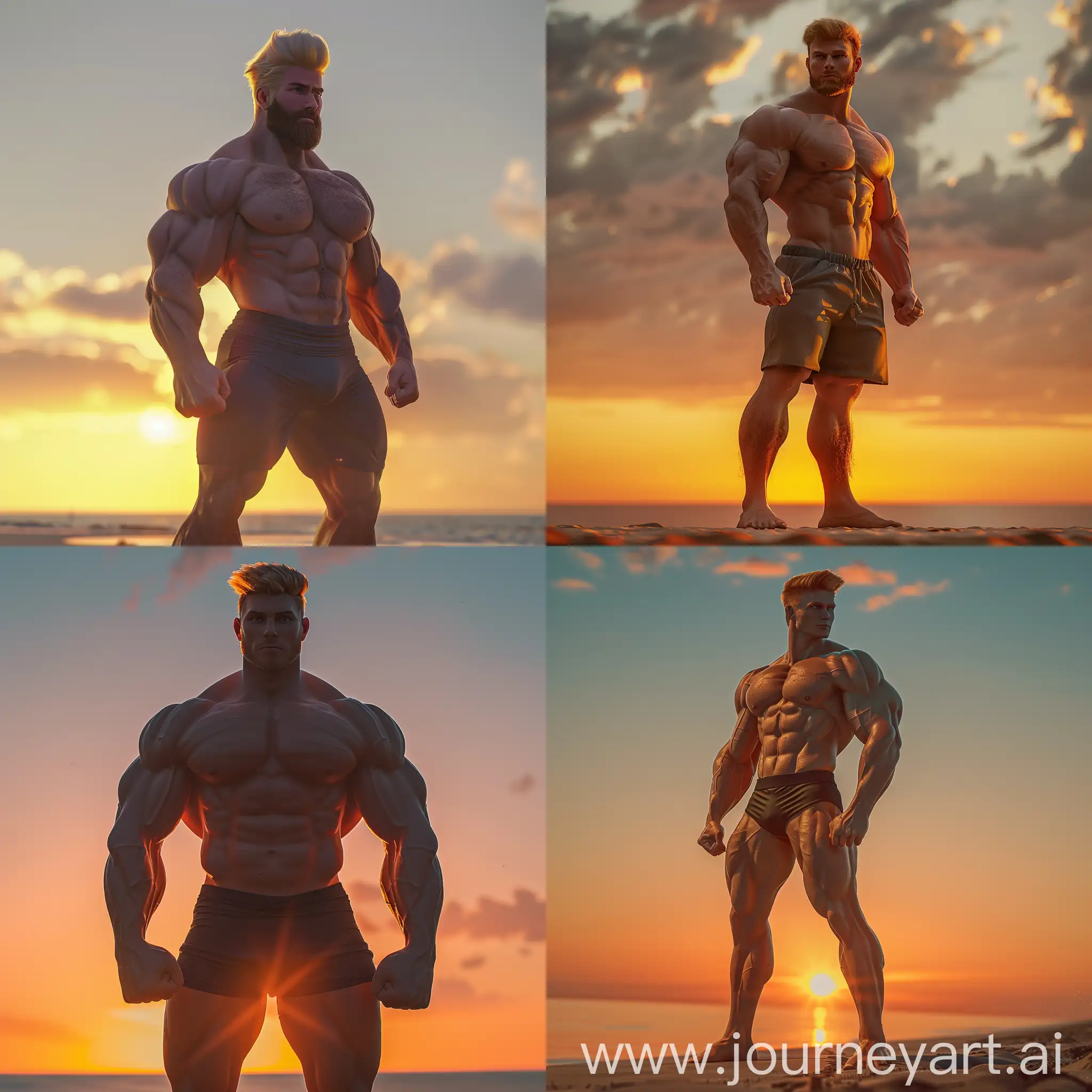 (uhd 8k)) (((SDXL 2.0))) (((Midjourney V6))) (((Cartoon Style))) (((Virile Reality V3.0))) (((fine details ultra masterpiece high quality best image))) (((beach sunset background))) intire wide angle view standing full body (((Handsome))) (((Human Humanoid))) (((Caucasian Blond))) 26 years old  Big Strong Huge Bodybuilder Hunk (((Male/Man))) 