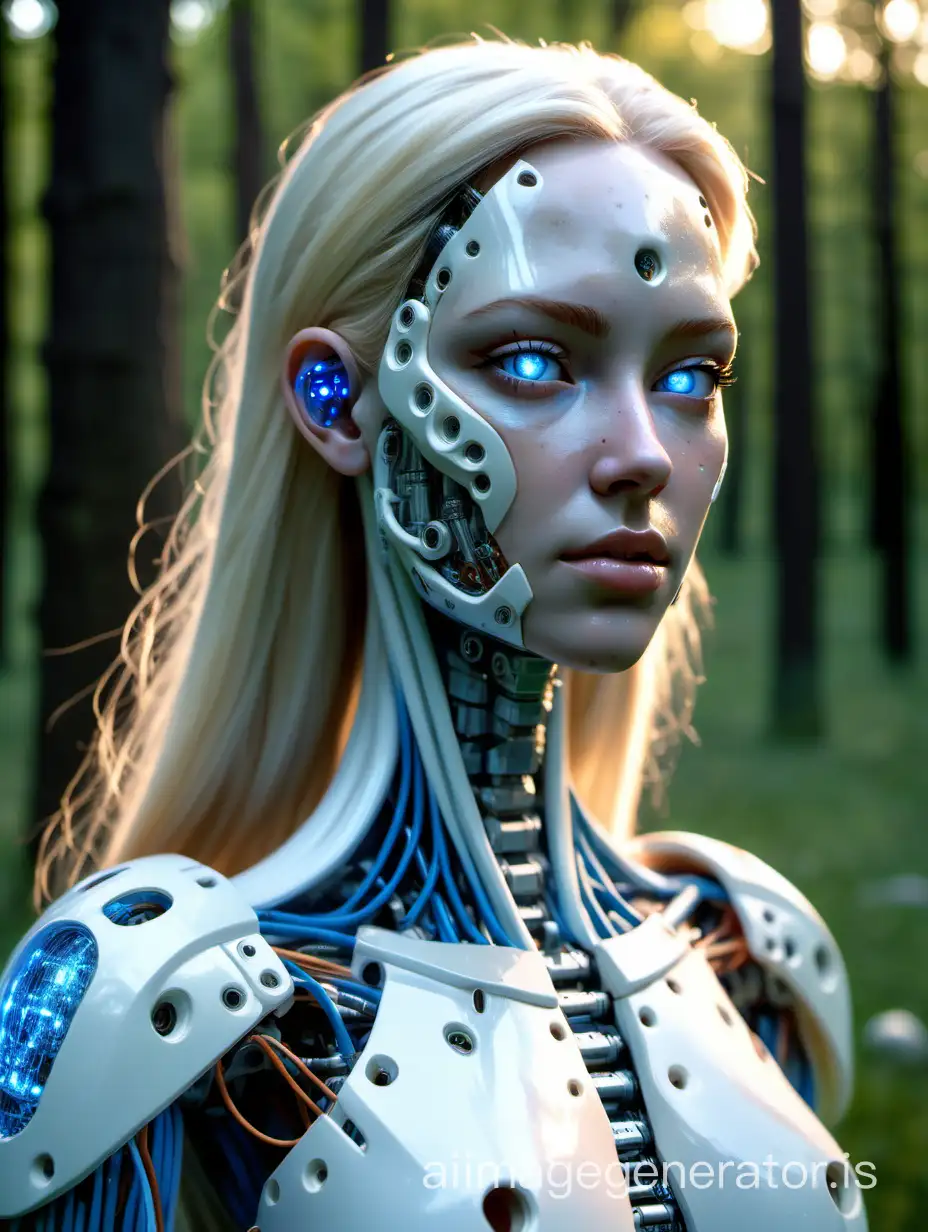 A female cyborg, white plastic shell, with visible components at the joints and waist. Female human heads 18 to 25 years old white Ukrainian with long blonde hair blue eyes and freckles. Stood on a blanket , in a grass clearing in the woods, connected together with glowing blue wires to a stone carved pillar. Hightest detail face, highest detail eyes, highest detail skin, wide field of view, taken at golden hour