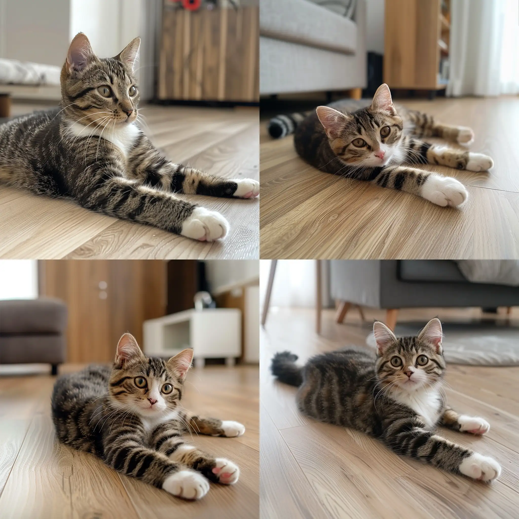 Tabby-Cat-Resting-on-Light-Wooden-Floor-in-Apartment-Living-Room