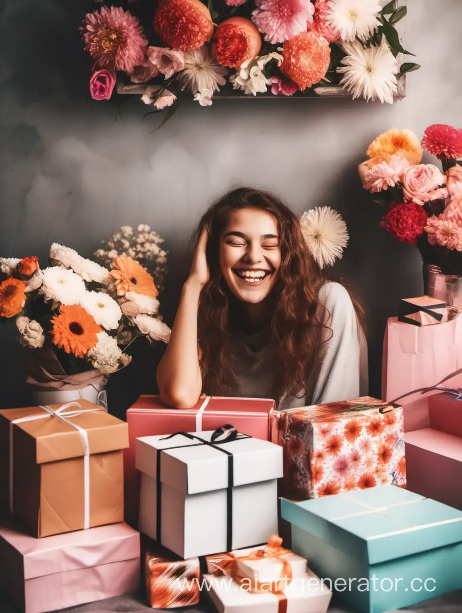 Счастливая девушка, в окружении цветов и подарков