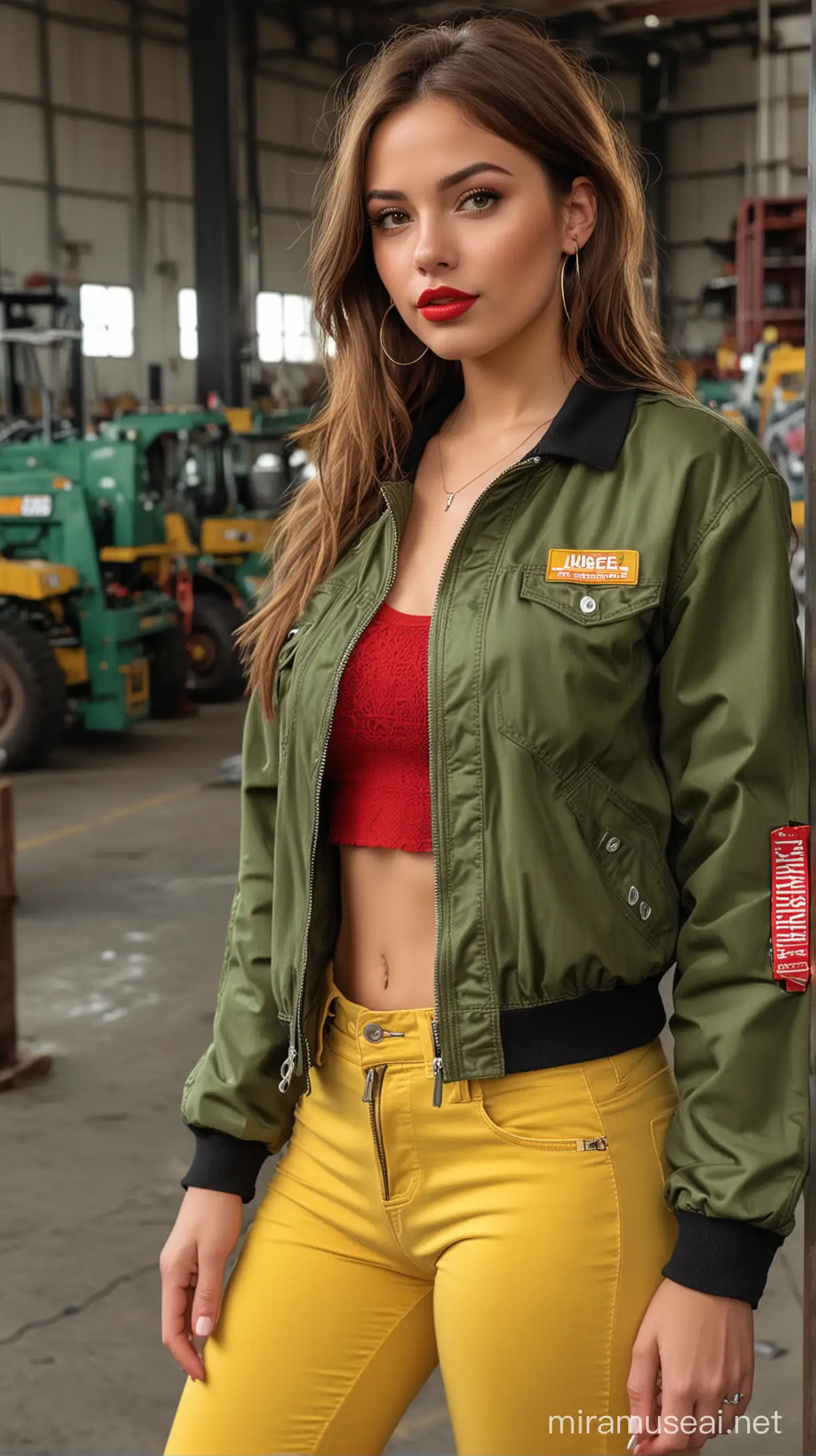 4k Ai art beautiful USA girl brown hair red lipstick ear tops nose ring yellow trousers and green zipper jacket in usa steel factory