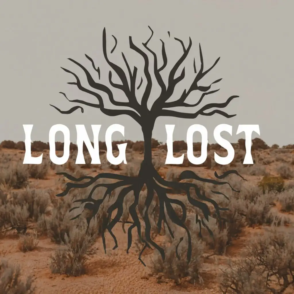 logo, trees, roots, desert, southern gothic, text "longlost" subtext "the terrible inconvenience of", with the text "longlost", typography