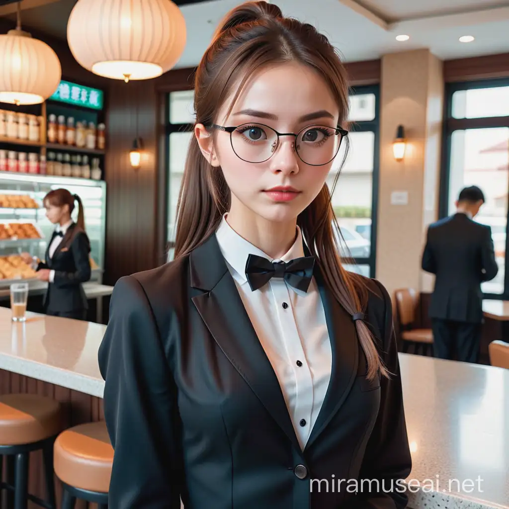 Very detailed photo of an ugly, very thin waitress, with very slim body, very slim hair, brown hair in a ponytail, wearing formal black clothes with a bowtie and thick eyeglasses, unattractive appearance 
