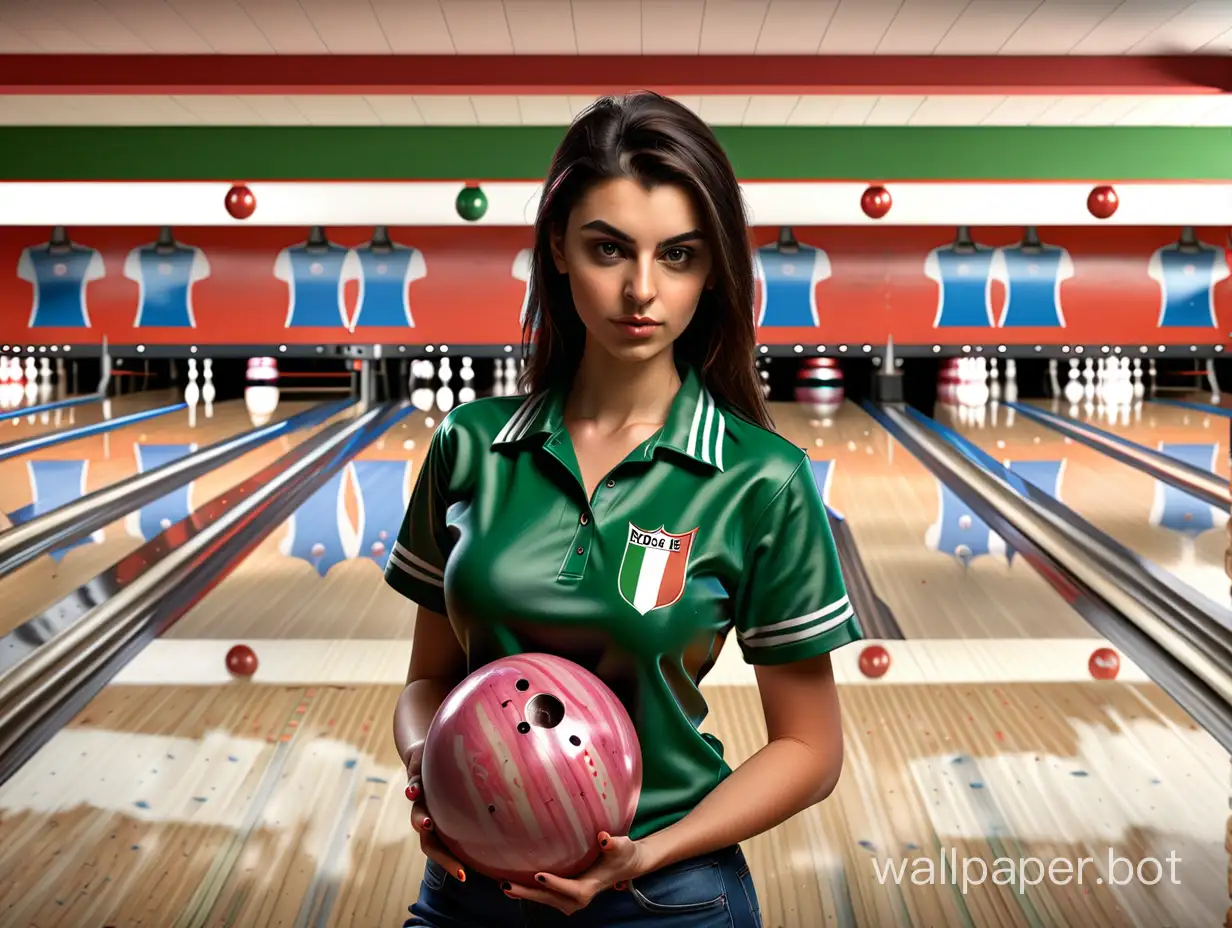 In the background are bowling alley lanes. In the foreground holding a bowling ball and wearing a team shirt is a fit young seductive Italian woman, realistic