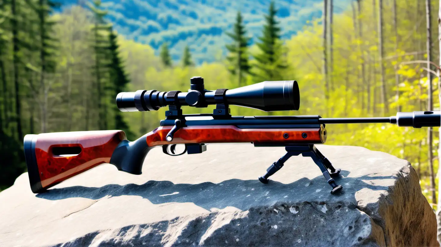 pcp air rifle on rock in forest, sunny and bright background