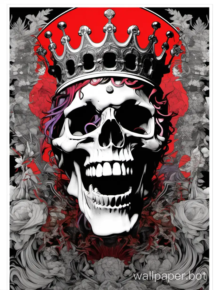  glitch crazy laugh skull wearing a fluid crown, assimetrical, alphonse mucha, william morris, poster, hiperdetailed, black,white, gray, red, hipercontrast