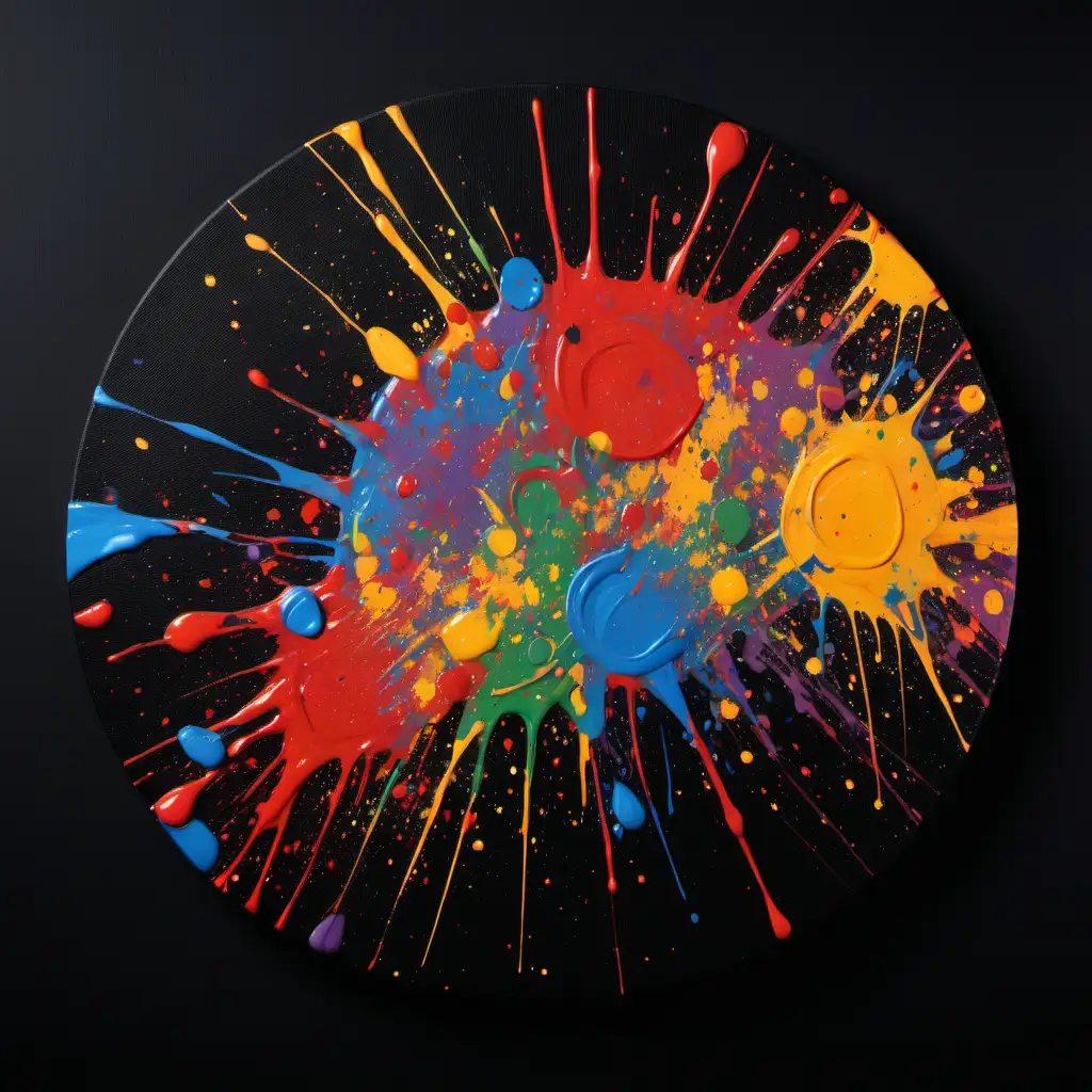 Round canvas, multi colour paint splatter on a black background


