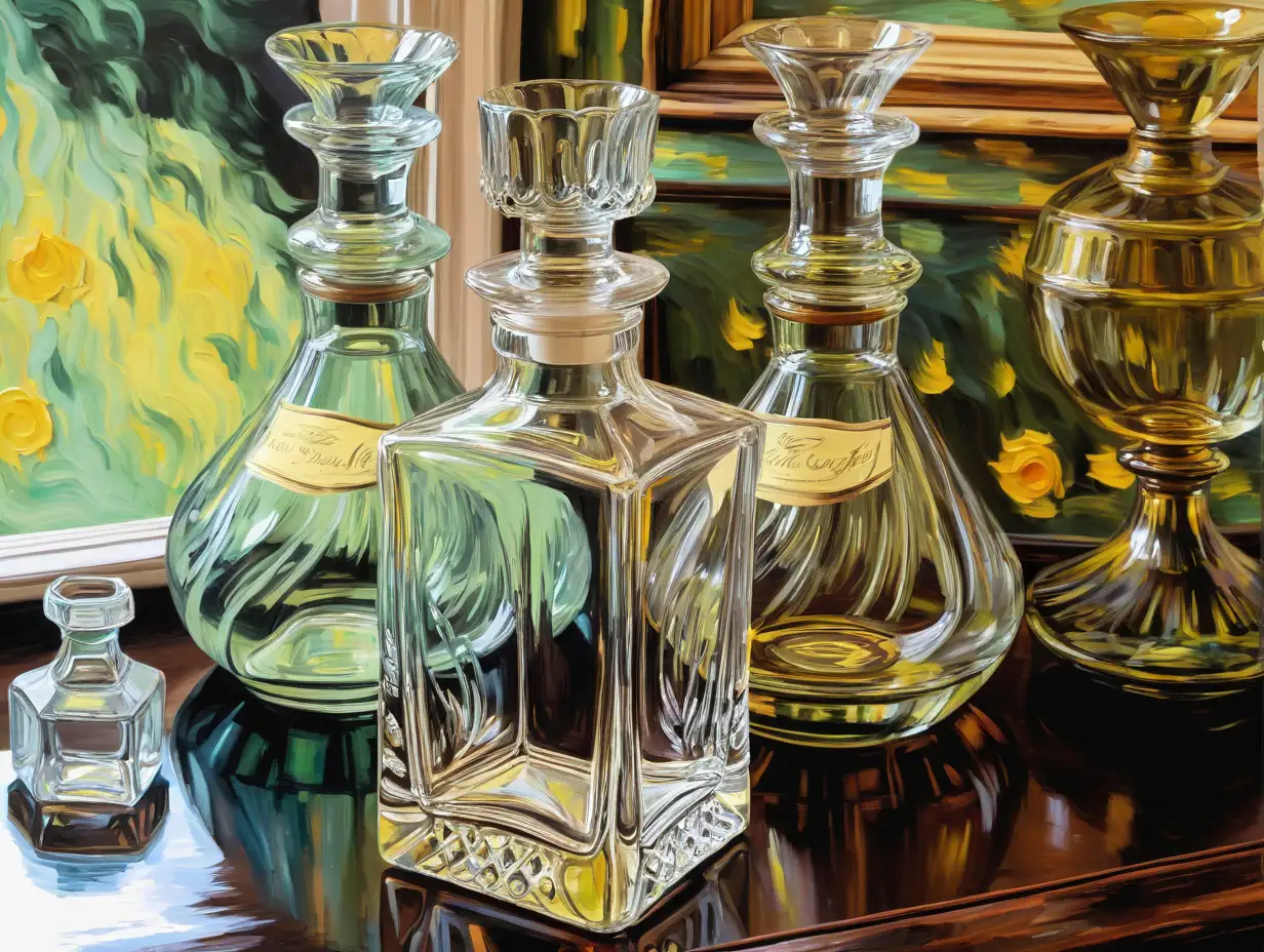 in the style of van gogh create a painting of antique decanters like in image with thick brush strokes 