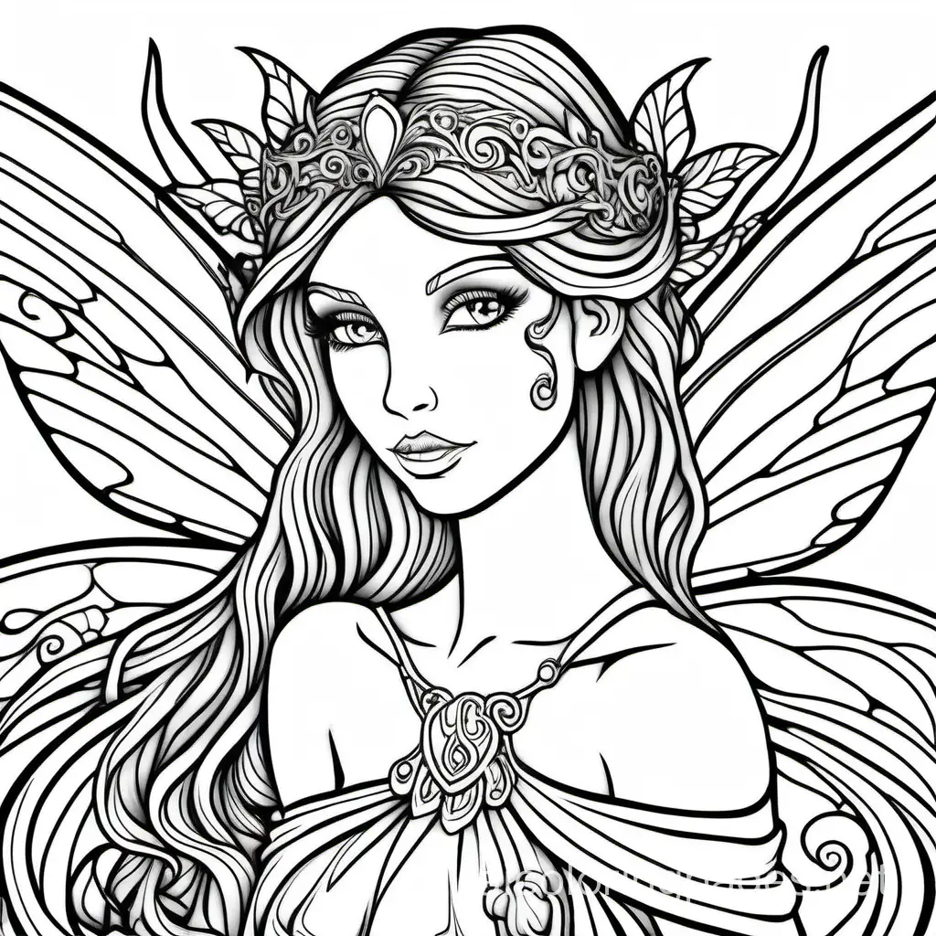 majestic fairy black and white adult coloring page , Coloring Page, black and white, line art, white background, Simplicity, Ample White Space. The background of the coloring page is plain white to make it easy for young children to color within the lines. The outlines of all the subjects are easy to distinguish, making it simple for kids to color without too much difficulty