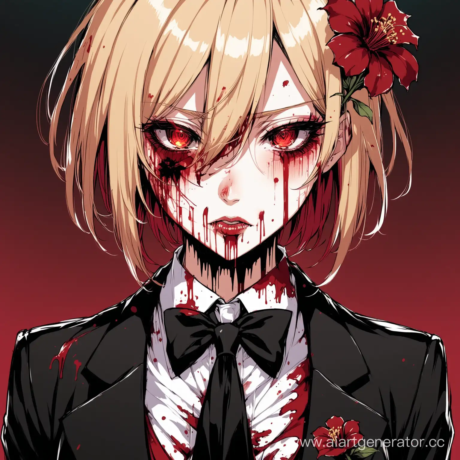 Женский персонаж в аниме стиле в окровавленном смокинге и черном галстуке и с цветком хиганбана. Также с подтеками крови между глаз и губ.