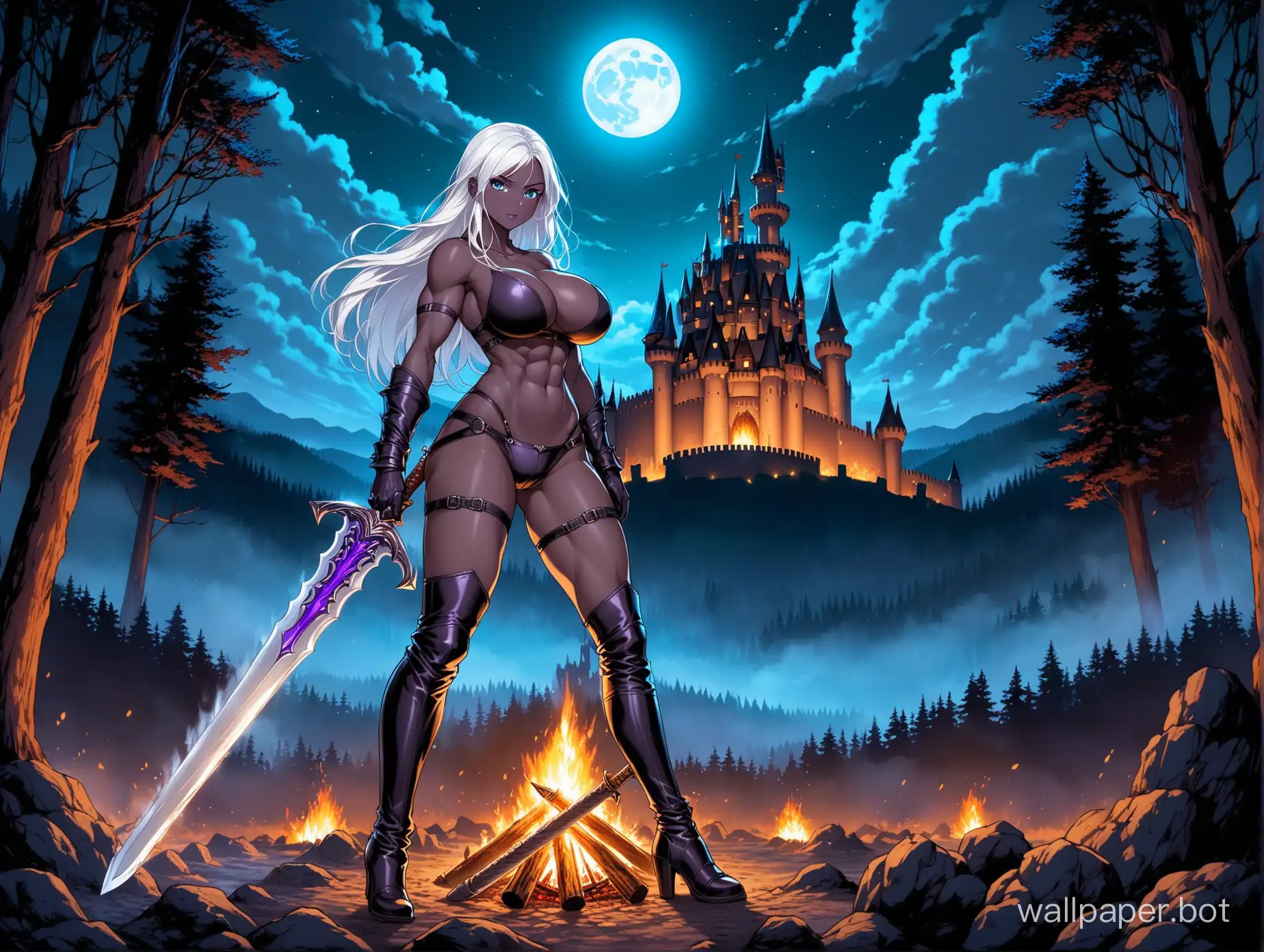 Woman, one, thin, muscular, young, beautiful face, dark purple skin, long white hair, big breasts, blue eyes, leather underwear and gloves, long boots, fishnets, holding a colossal sword, the sword is as tall as she is, forest, bonfire, night, castle far in the background, long shot, full body, moon,