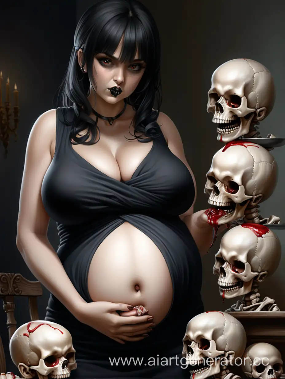 Seductive-Woman-in-Black-Dress-with-Apron-Amidst-Baby-Skulls-and-Gnawed-Bones
