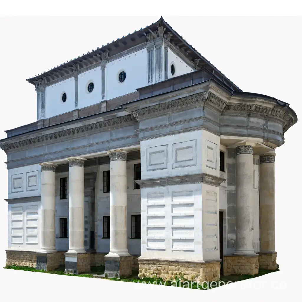 restoration of the building. the walls and columns should be white. the roof is constructed of metal sheets