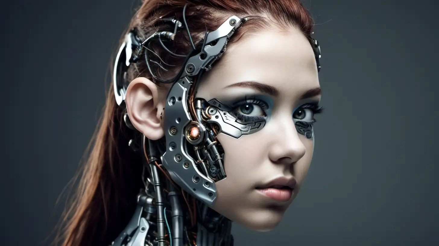 Cyborg woman, 18 years old. She has a cyborg face, but she is extremely beautiful.