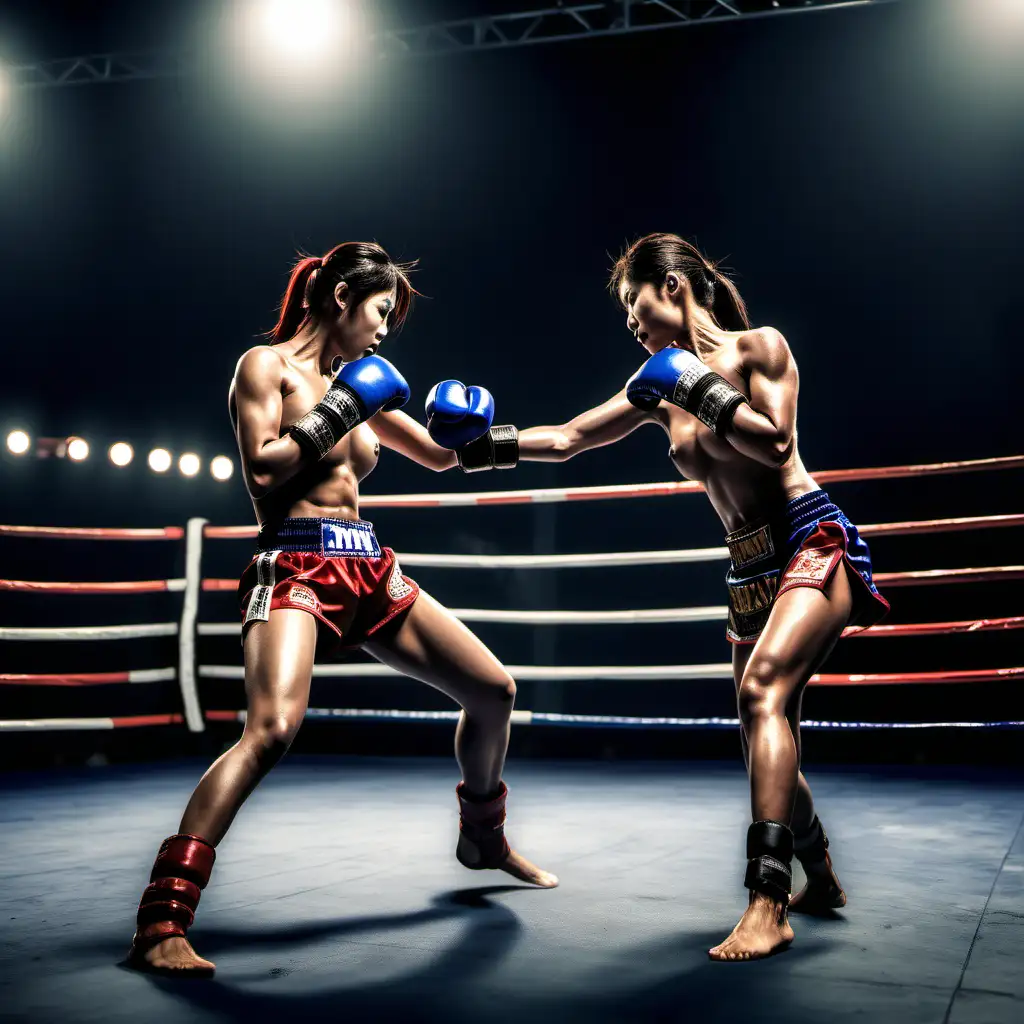 topless female muay thai fighters in a ring fighting