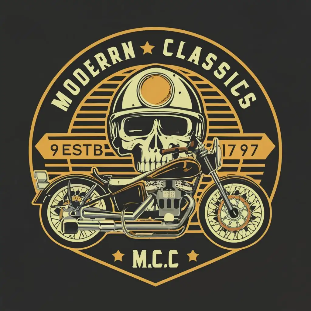 logo, Skull 
Motorcycles
Cafe racer
, with the text "Modern Classics 
M.C.

", typography, be used in Automotive industry
