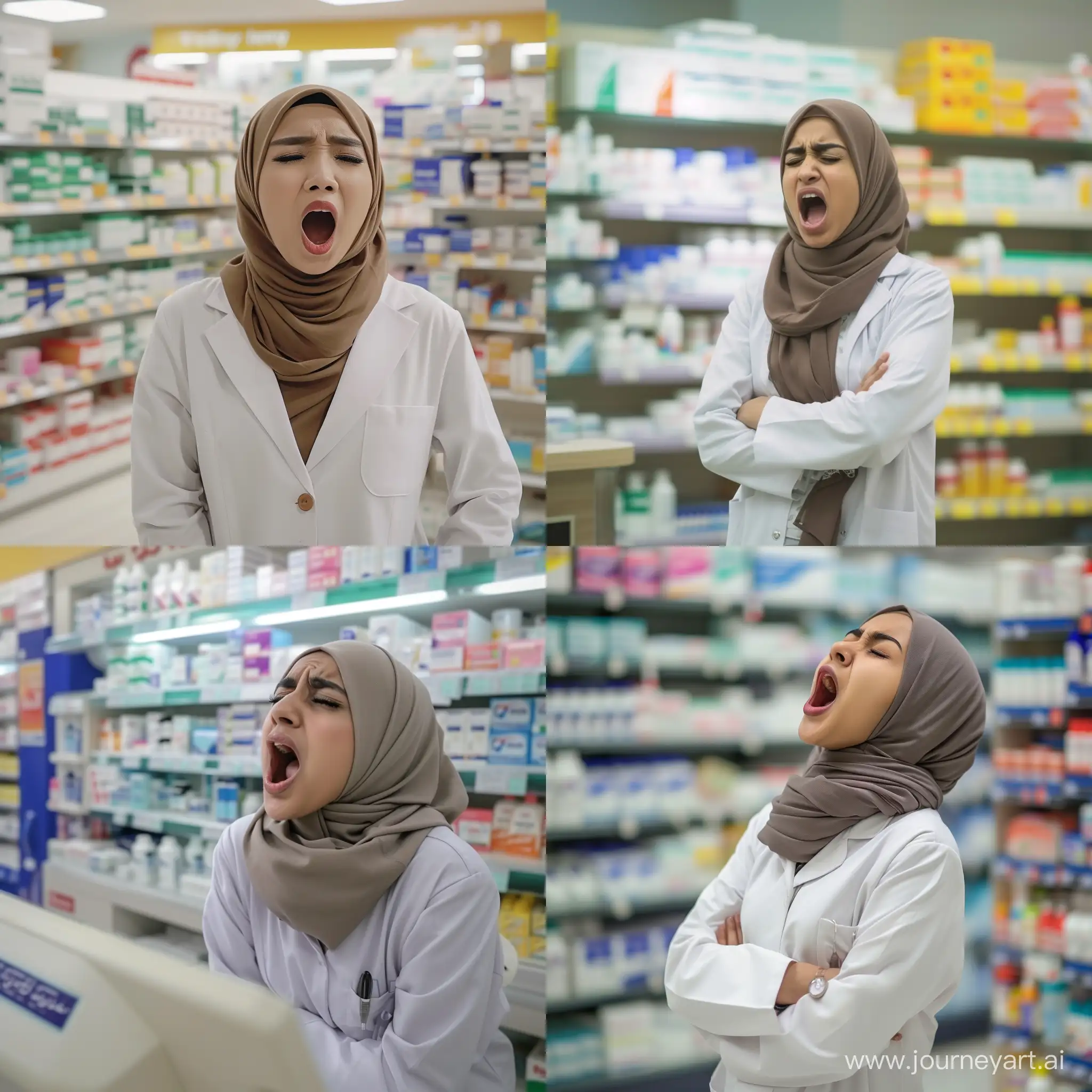 Very beautiful female pharmacist wearing hijab yawning in the pharmacy
From the front view
full height