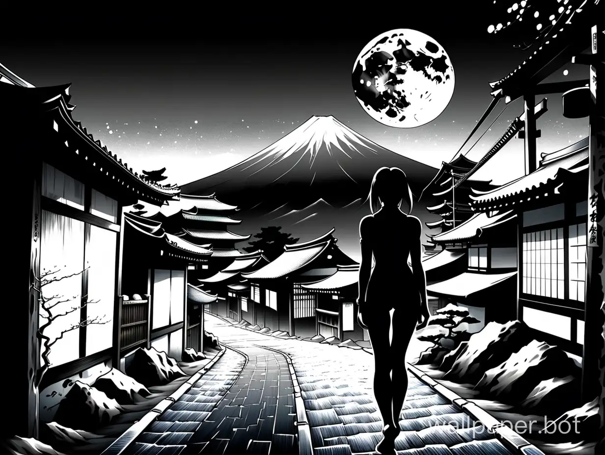 In the background, Mount Fuji, a night sky with a full moon, in the foreground, a ninja girl in bodystocking, walking in full height along the street of an ancient Japanese village, impressionism noir.