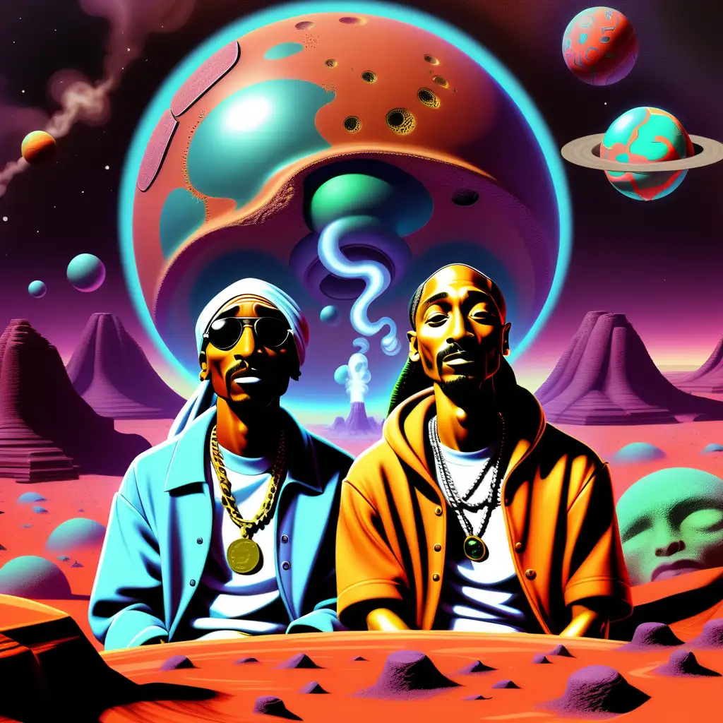 A psychedelic techno album cover with tupac and snoop dog smoking a fat blunt in planet mars

Use DMT effects

Make snoop and tupac cartoons wearing psychedelic clothing

make snoop and tupac smaller in the image with more emphasis on being in a DMT realm