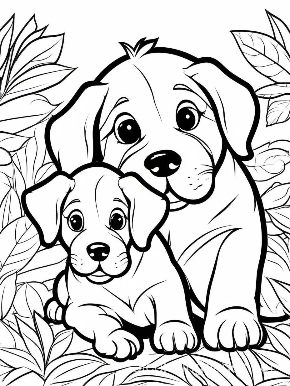 Puppy and his son, Coloring Page, black and white, line art, white background, Simplicity, Ample White Space. The background of the coloring page is plain white to make it easy for young children to color within the lines. The outlines of all the subjects are easy to distinguish, making it simple for kids to color without too much difficulty