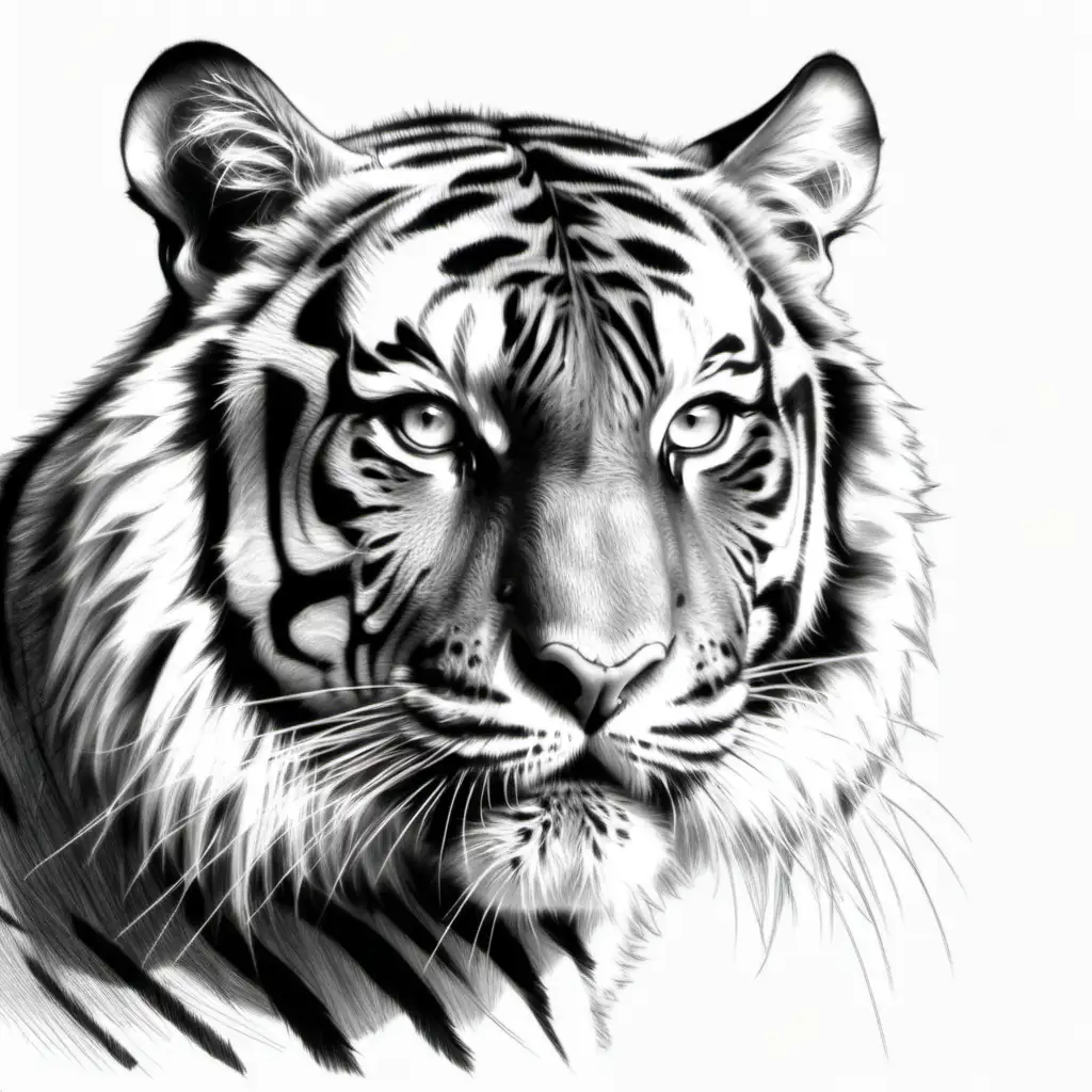 Create a black and white 8B pencil fast and loose drawing sketch up image of a tiger as if it was drawn on a rough textured oil sketch  paper. 
The pencil touch should be very thick about 2milimeters and rough.
The lighting is from the upper left corner.
The lighting color is near to the sunlight.
The tiger should be facing the front. In this image the tiger's face is feature element.
The size of the tiger should take 75% of the total image.