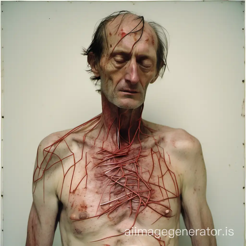 A naked man about 40 years old, naked and emaciated, lank hair, skin coated with a grime. He has a tiny puncture wound in the bottom of his chest. The wound is surrounded by a fine network of red lines on his lower chest and abdomen.
