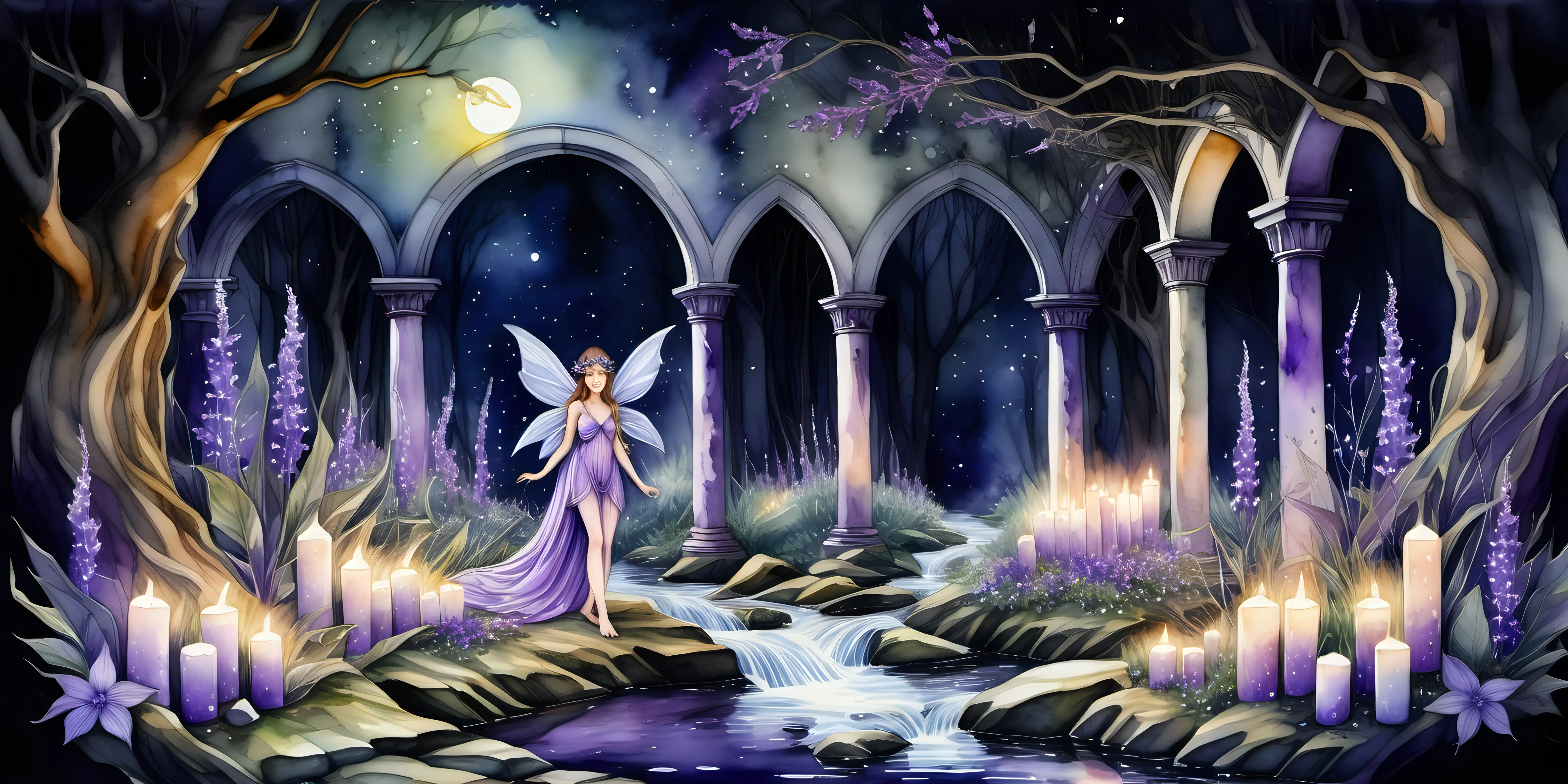 a watercolour painting of a fairy surrounded by amethyst crystals , she is in a woodland where wild flowers grow, a beautiful stream flows through an archway . It is a beautiful moonlit night . there are pillars with candles on the top of the pillars