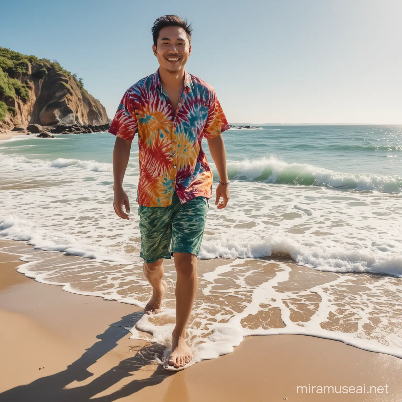 Seorang lelaki Asia dengan tie-dye, tersenyum berjalan gaya bebas di pantai dengan deburan ombak yang menerpa kaki telanjangnya di bukit pasir yang terdapat rumput, hari yang sangat cerah,  sangat detail, sangat jernih, resolusi tinggi, penuh warna, efek lightroom wajah asli, penambah fokus"