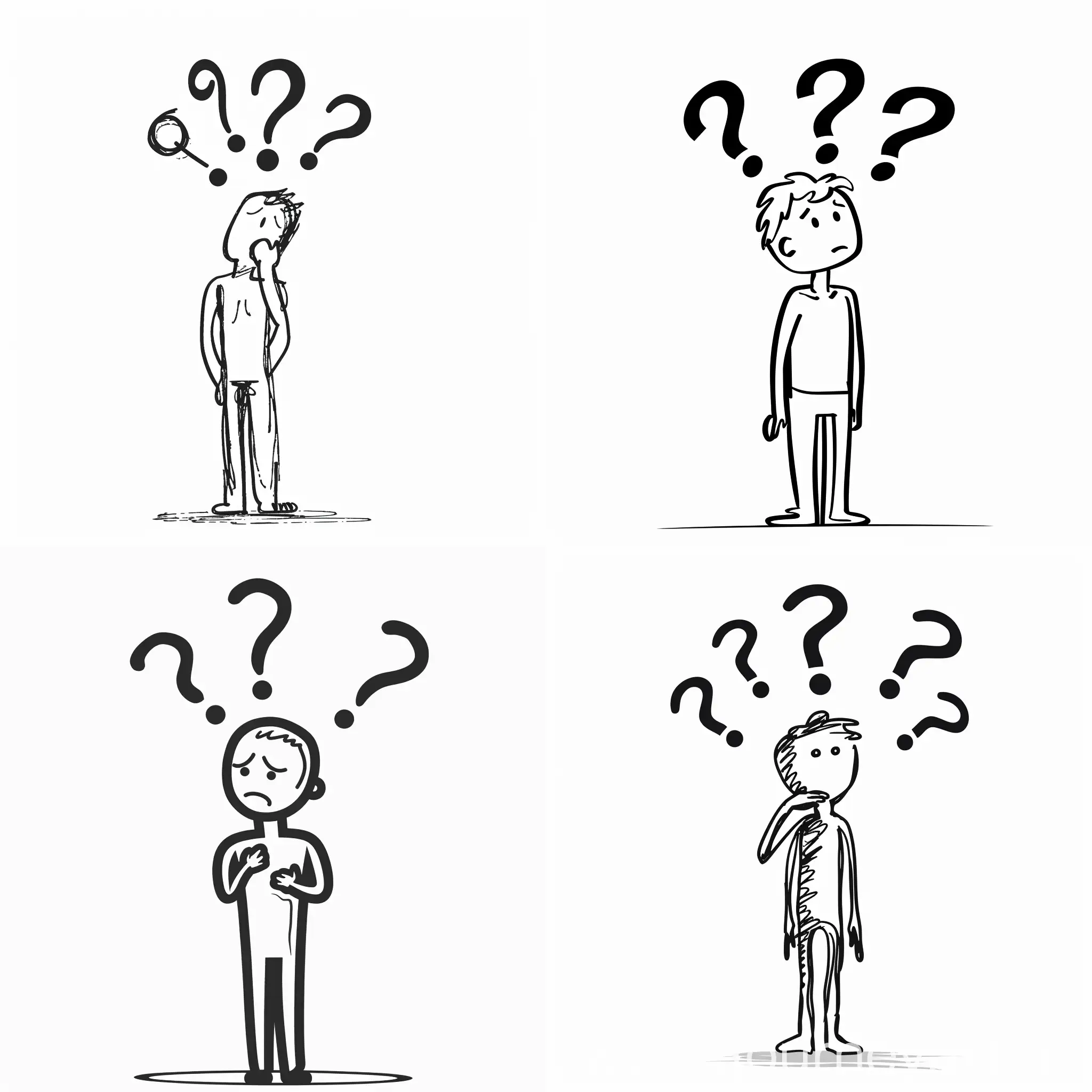 stick figure, man stands in thought, confusion. Making difficult decisions, answering questions. Question marks above the head. Vector on a white background, background