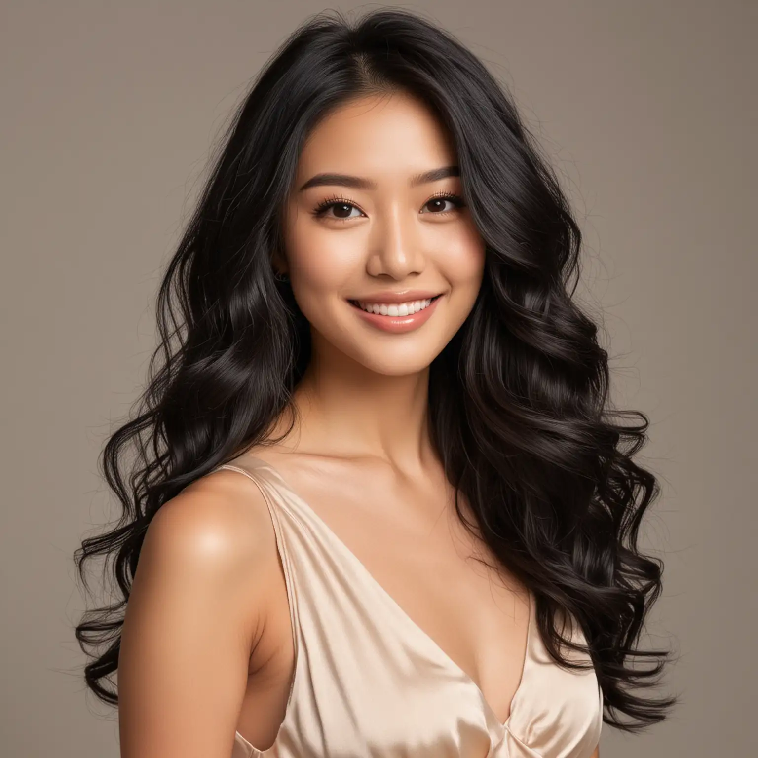 asian hair model in long wavy black hair with face framing layers. She is smiling and wearing a satin beige dress